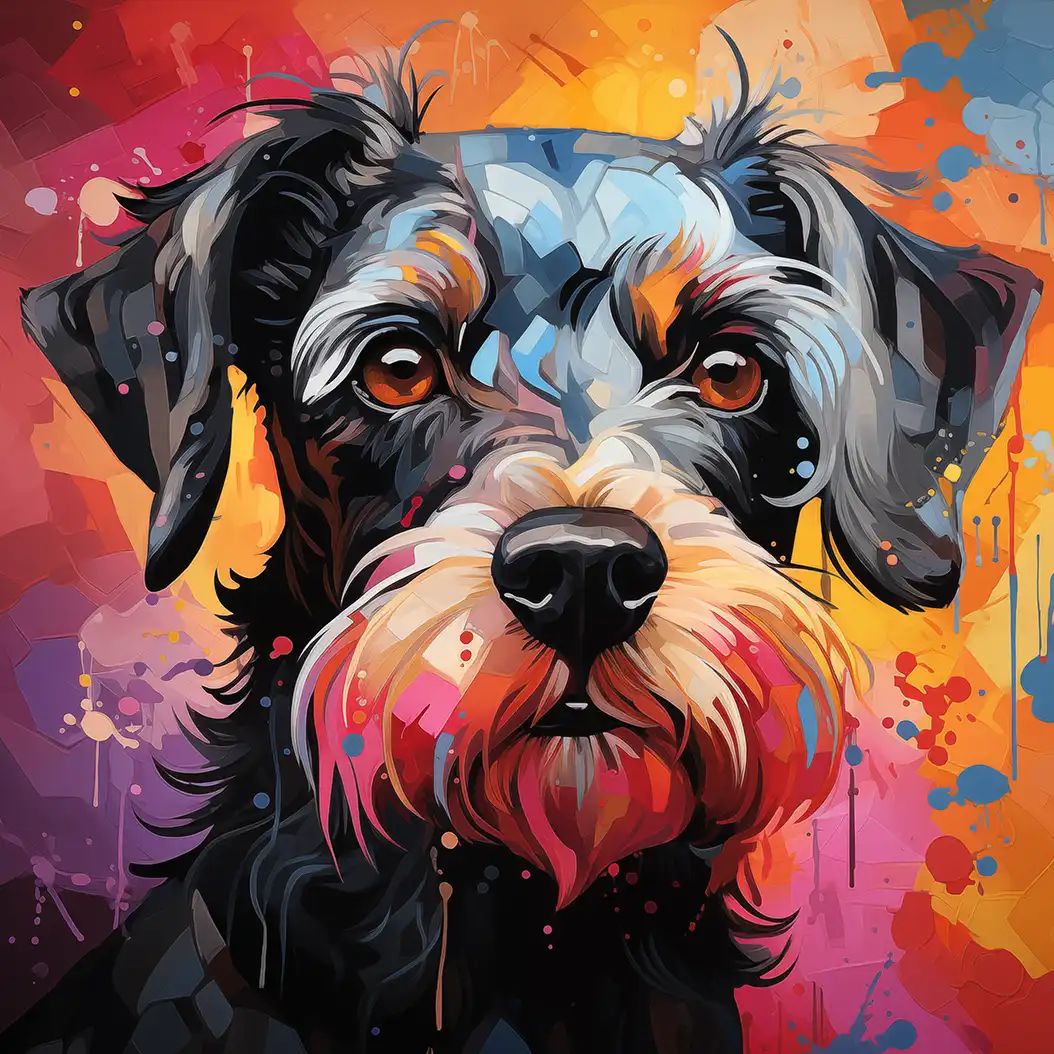 Colorful digital painting of a miniature schnauzer's face with vivid paint splatter background in orange, pink, and purple hues.