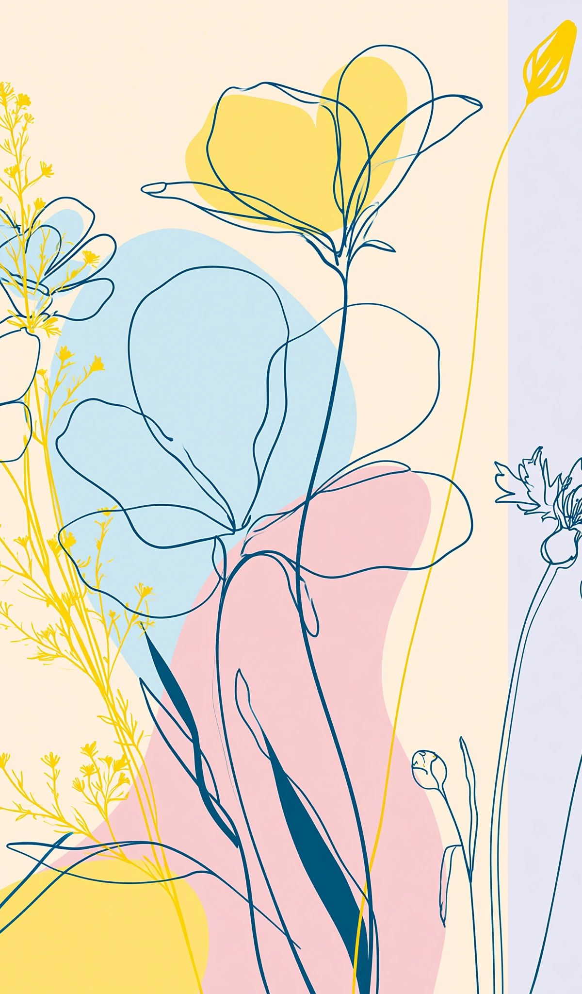 Line drawing of various flowers including cosmos and delicate botanical elements with yellow, blue, and pink watercolor accents on a cream background