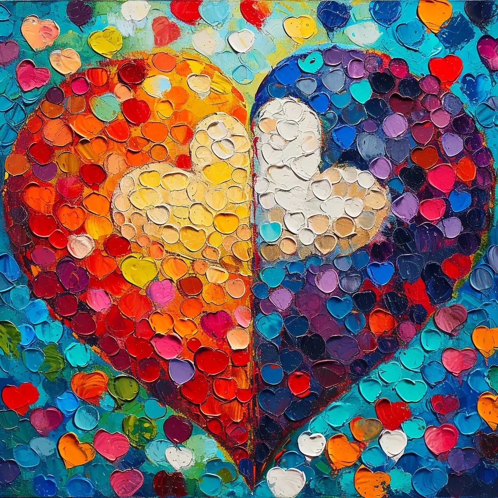 Abstract oil painting of one large heart divided into warm red-orange and cool blue-purple halves, composed of many small heart-shaped paint daubs on a turquoise background.