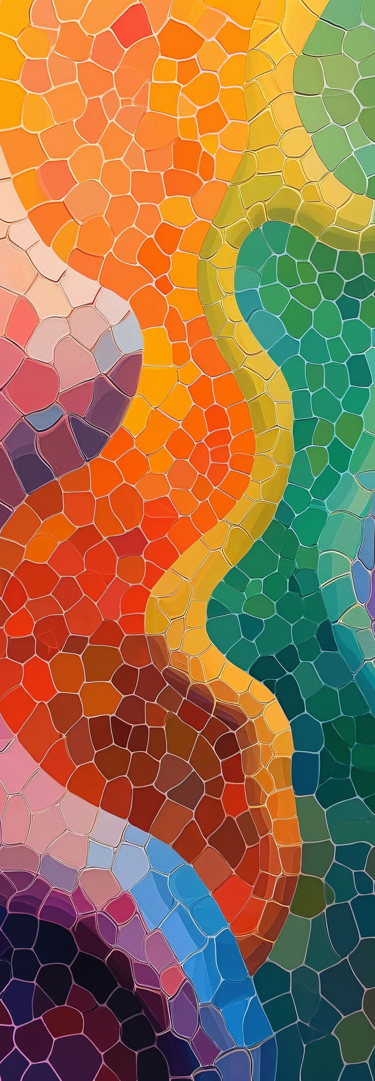 Abstract digital portrait composed of colorful mosaic tiles arranged in a face-like pattern, transitioning through all rainbow colors from red to violet