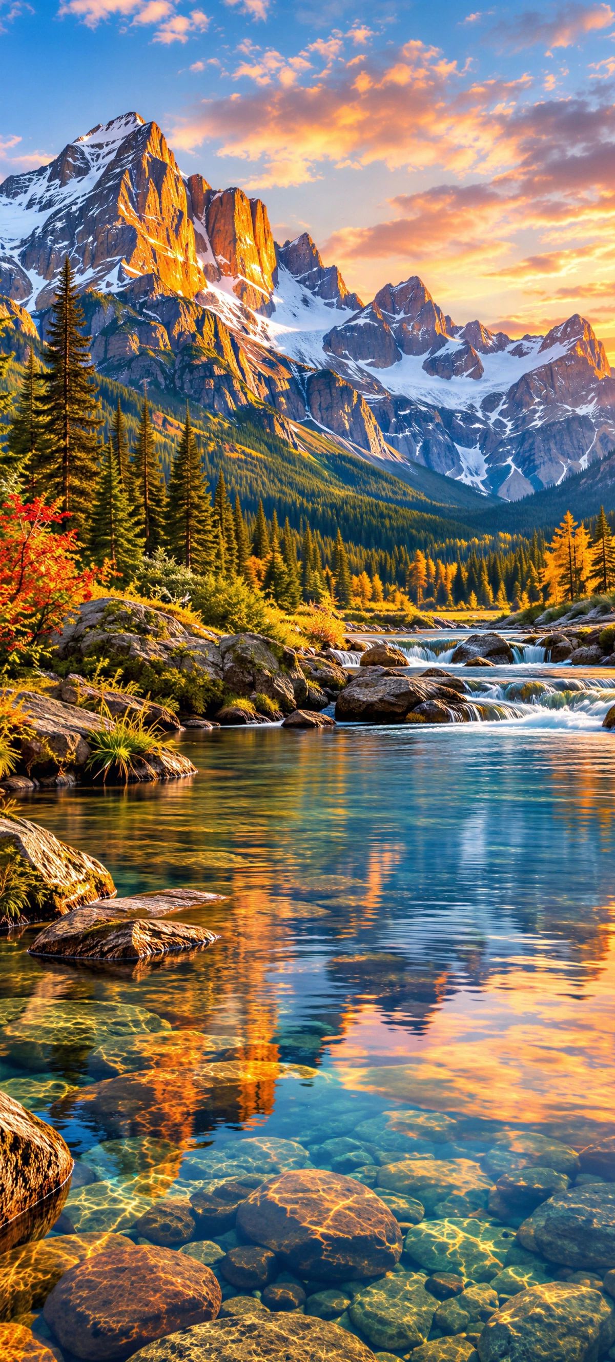 Alpine mountain landscape at sunrise with snow-covered peaks, golden larch forest, rocky stream, and glowing sky reflected in clear water