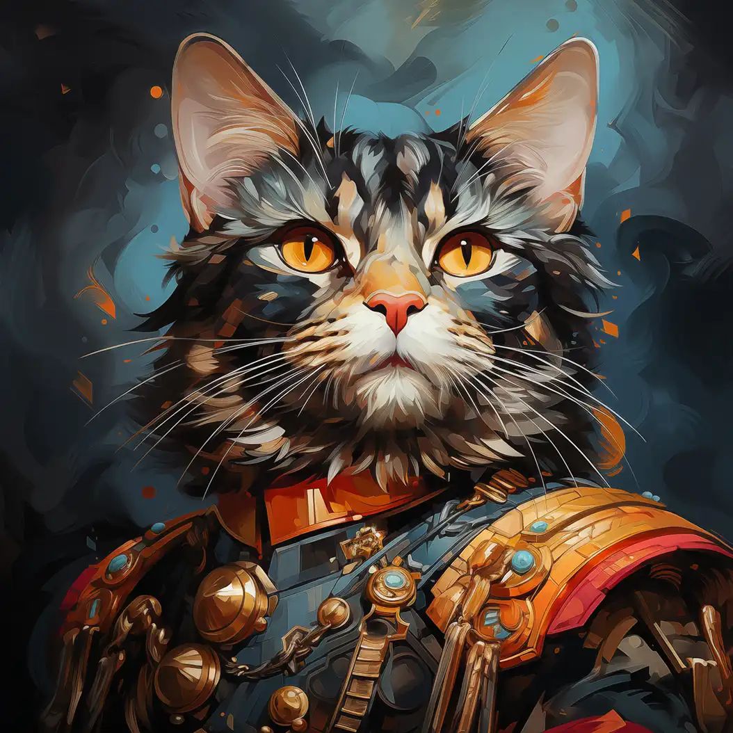 Digital illustration of a tabby cat dressed as a military general in an ornate gold and red uniform with epaulettes.