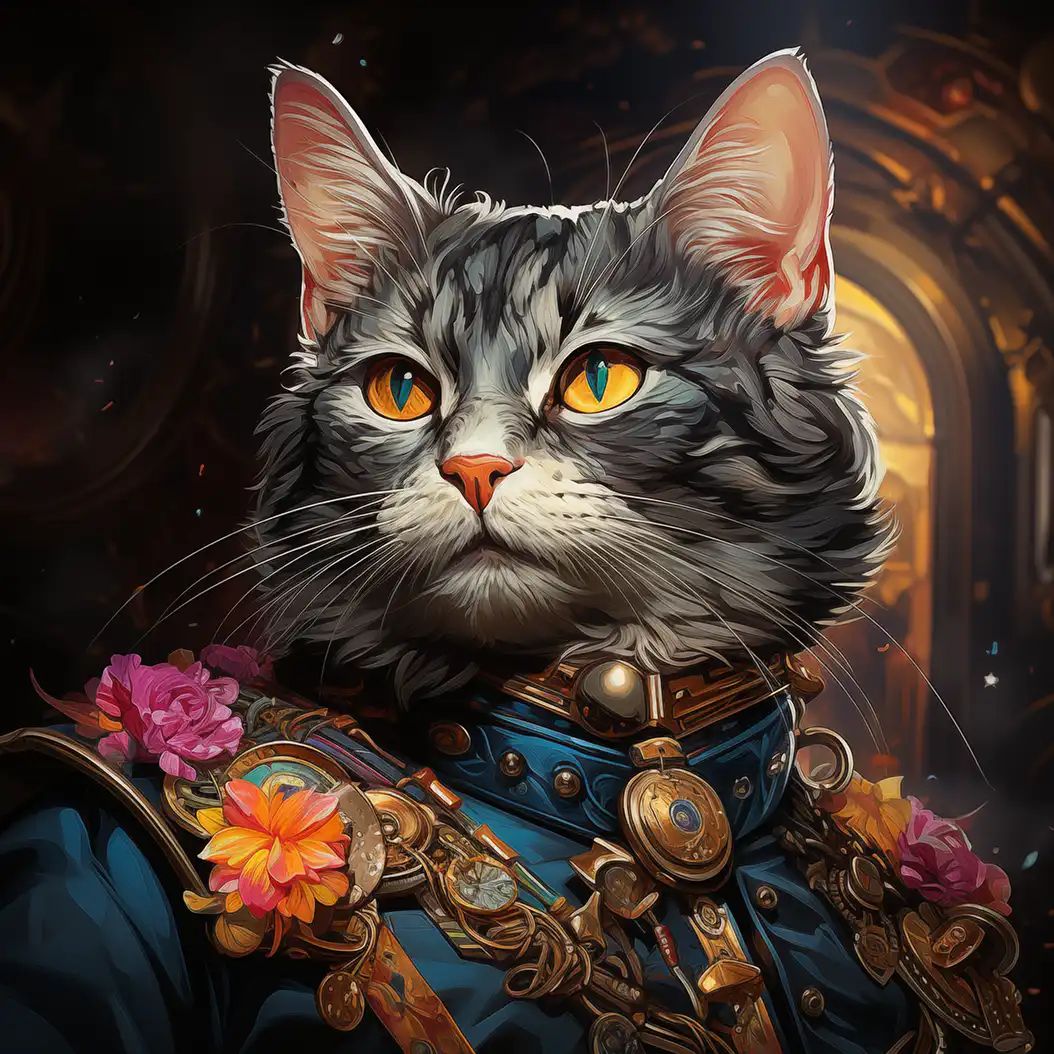 Digital illustration of a grey cat dressed in an ornate blue military uniform with gold medals and flowers, gazing with golden eyes.