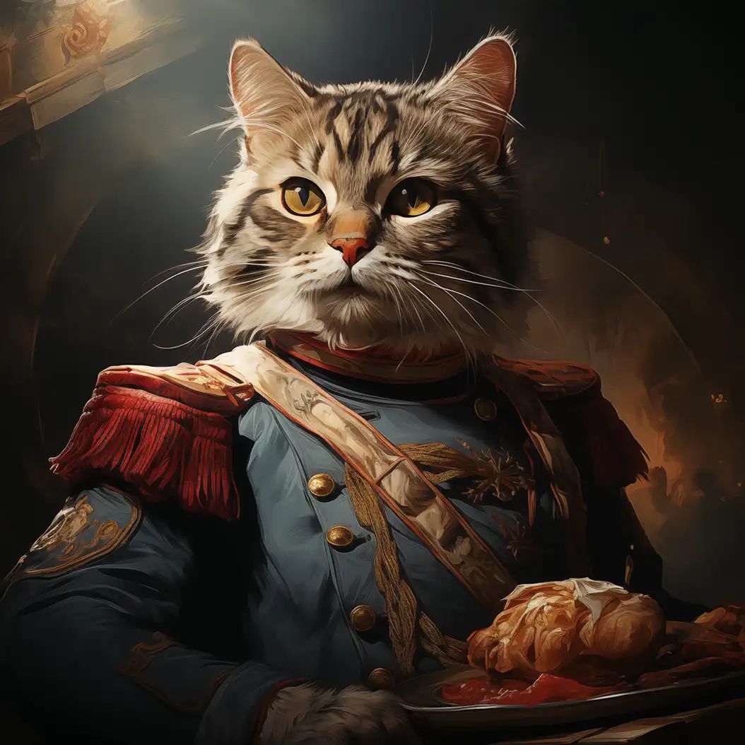 Digital illustration of a tabby cat dressed as Napoleon in an ornate military uniform with epaulettes, posed dramatically with warm lighting.