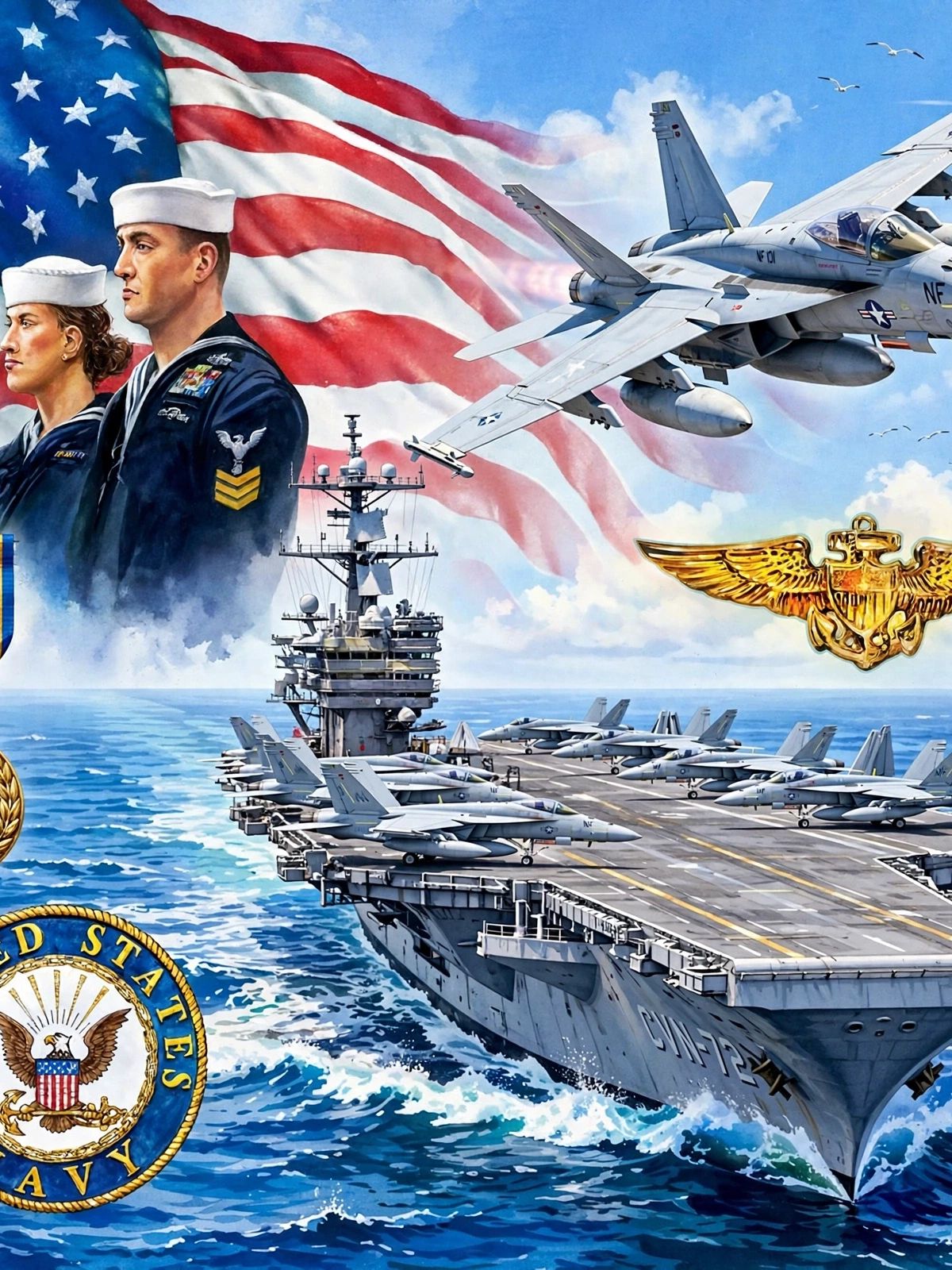 Patriotic U.S. Navy collage featuring two sailors in dress uniforms, an aircraft carrier with fighter jets on deck, F/A-18 Super Hornets in flight, Navy insignia, pilot wings, and the American flag