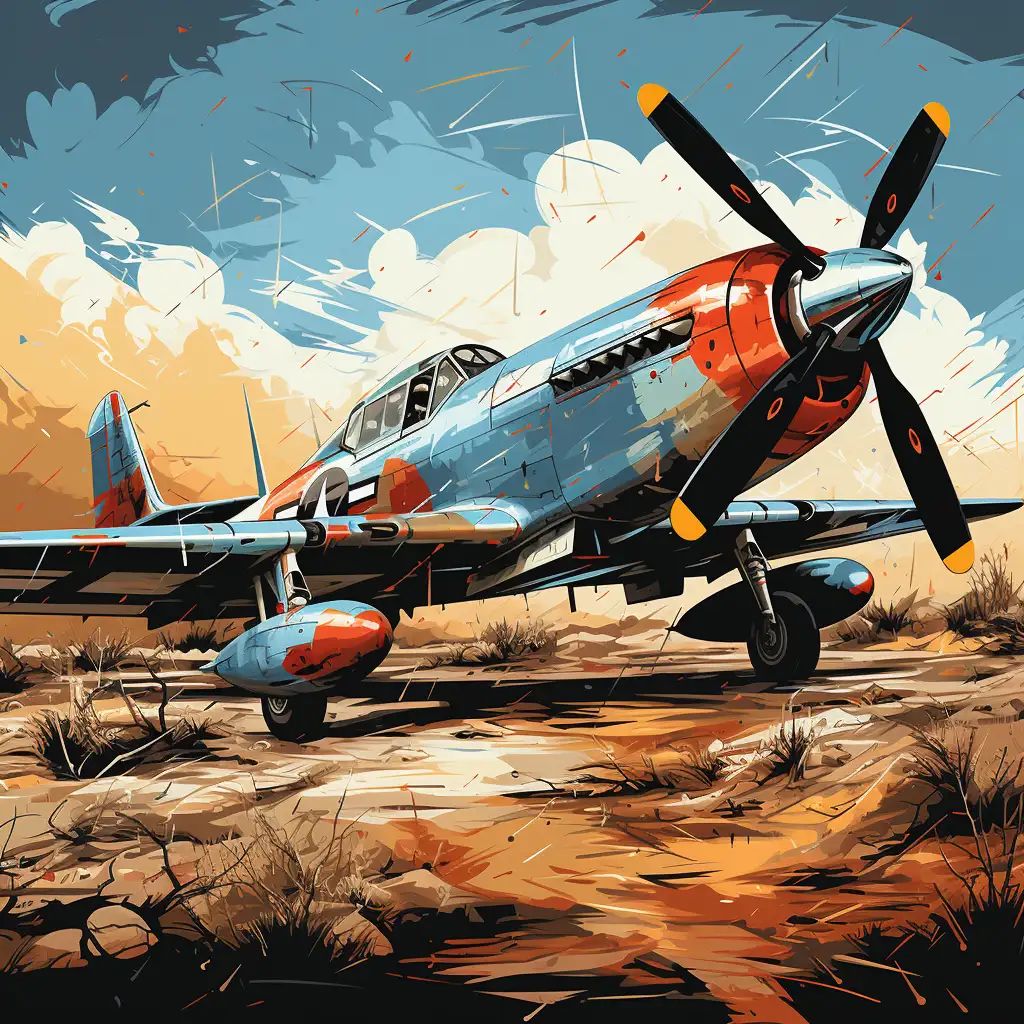 Illustrated single engine propeller fighter plane parked on dry scrubland under a cloudy blue sky.