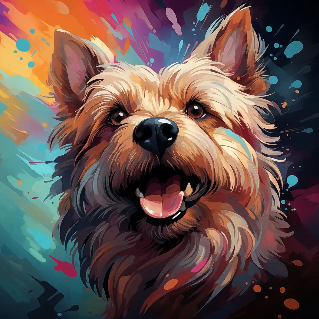 Bright colorful portrait of a happy Norwich Terrier dog with expressive eyes and abstract background.