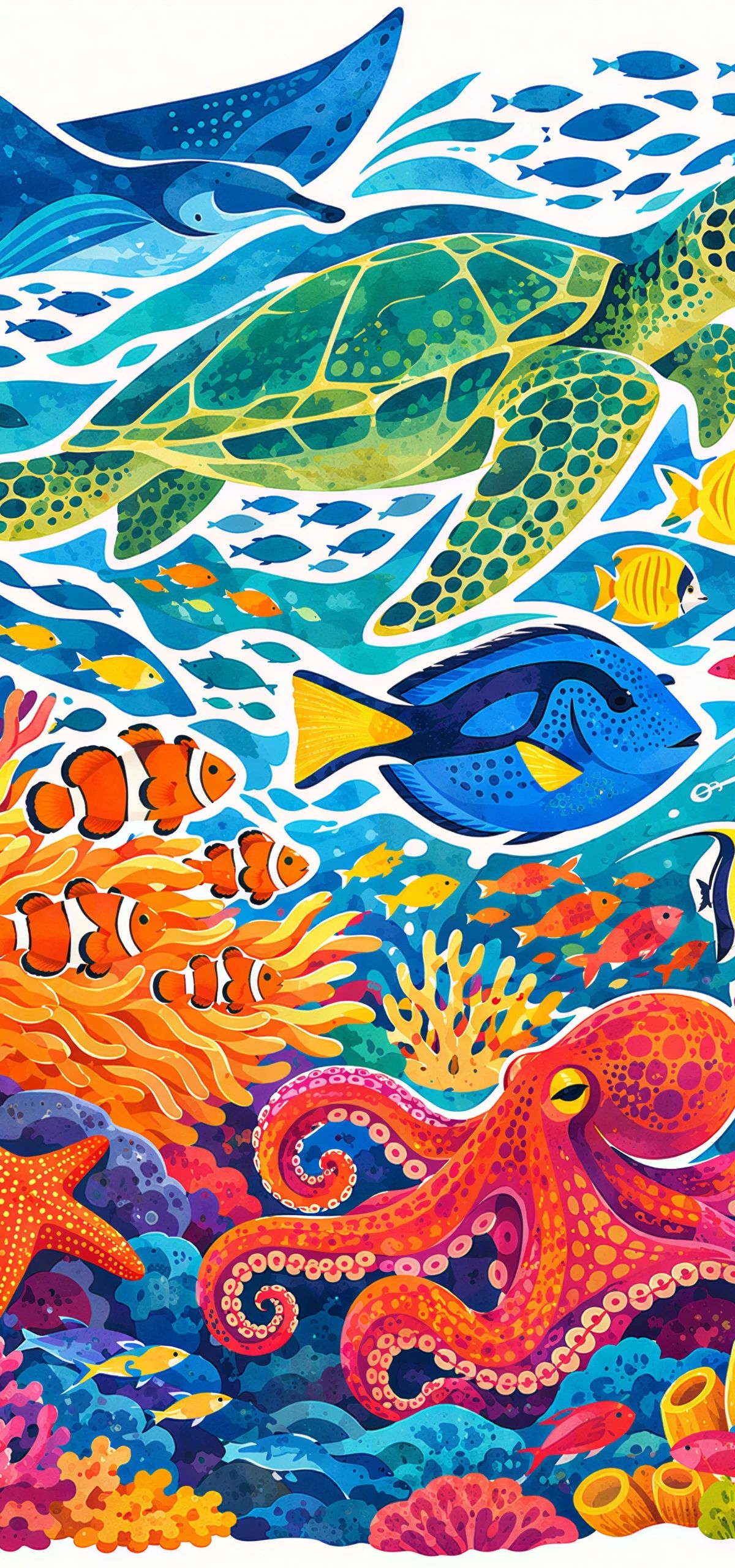 Colorful underwater scene featuring a sea turtle, tropical fish, coral, starfish, and octopus in a stylized illustration style