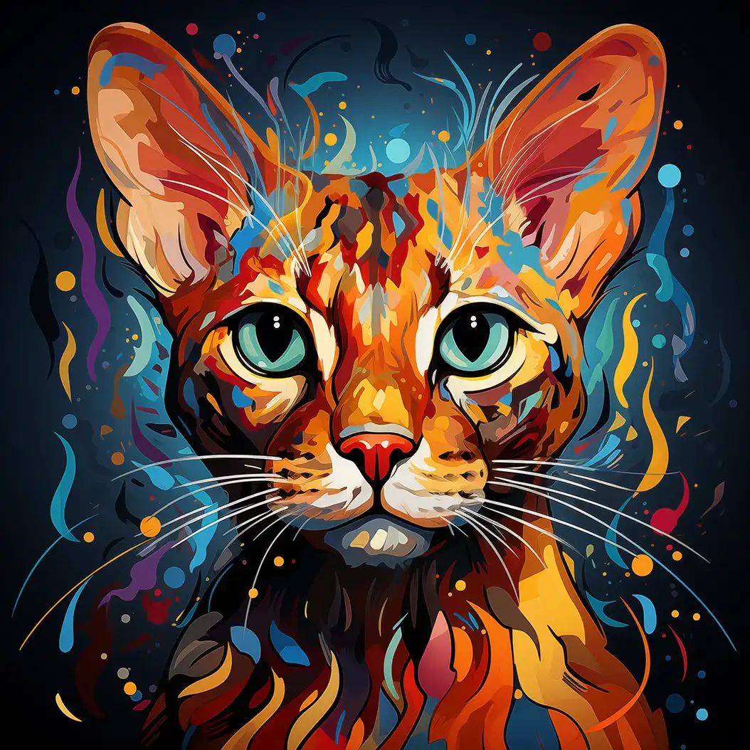 Vibrant artistic portrait of an Ocicat cat with spotted fur and colorful abstract paint splashes.