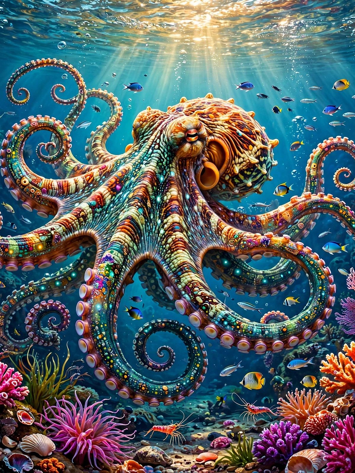 An ornately patterned octopus with colorful, beaded tentacles among purple, orange, and pink corals in a sunlit underwater scene with small fish and sea vegetation