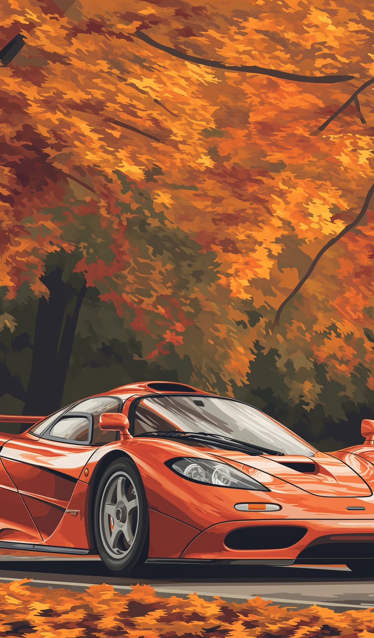 An orange Ferrari-style supercar parked on a road beneath trees with vibrant orange and red autumn foliage overhead