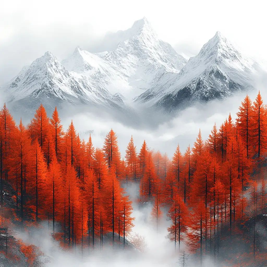 Tall orange-needled conifer trees in a misty forest with snow-covered mountain peaks rising in the background.