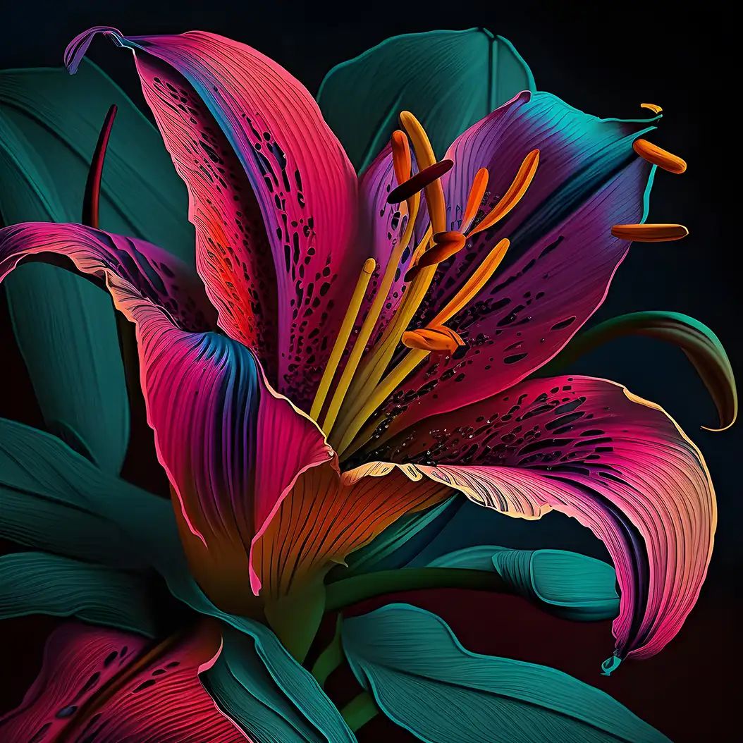 Elegant digital illustration of a blooming oriental lily flower with vivid pink petals and glowing lighting.