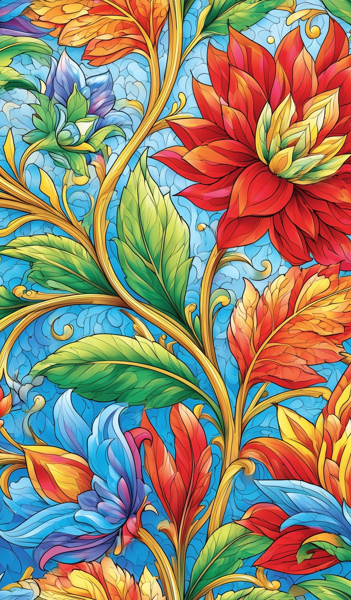 Decorative floral pattern featuring red and orange blooms with green leaves connected by golden scrolling vines on a blue background