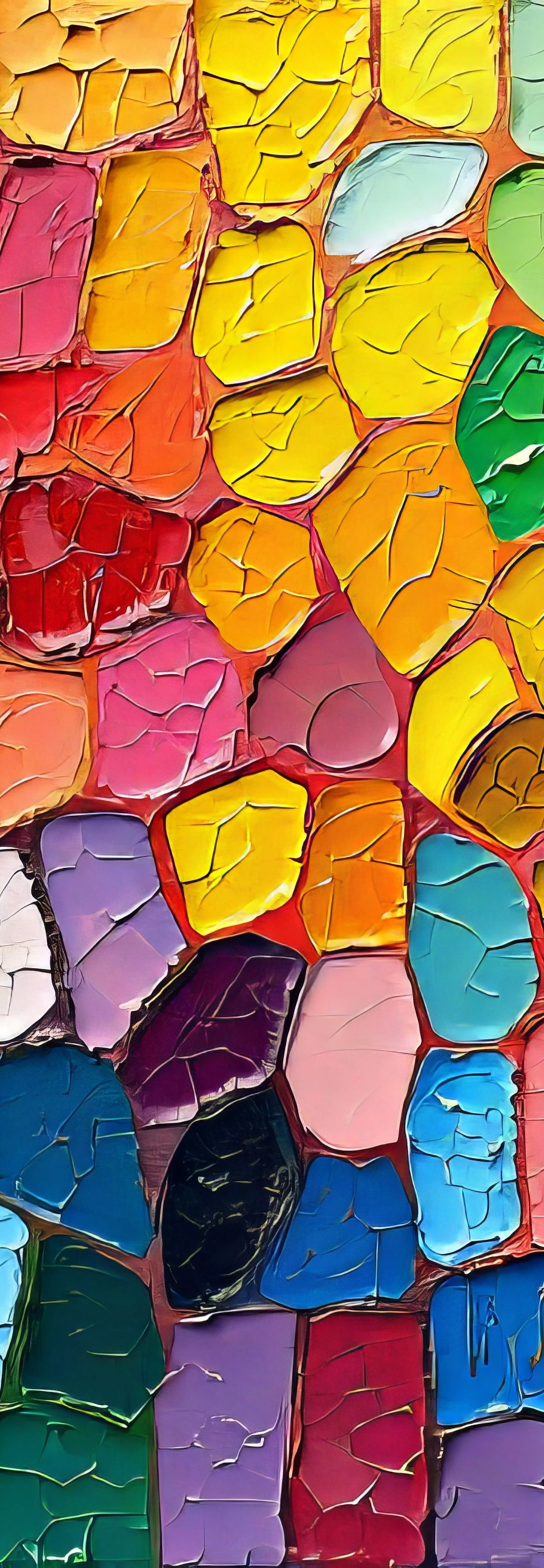 Close-up of heavily textured acrylic paint in hundreds of colors arranged in an organic mosaic pattern with visible brushstrokes and cracked paint surfaces
