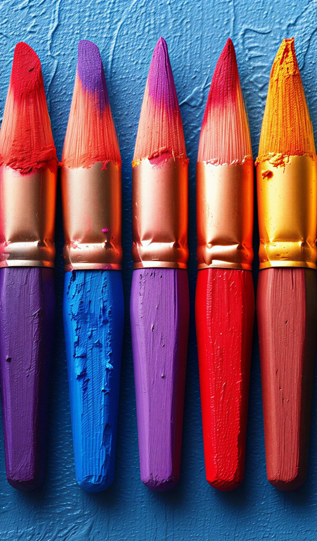Seven paintbrushes with colored paint tips arranged in a row on a blue textured wall, featuring warm and cool color tones