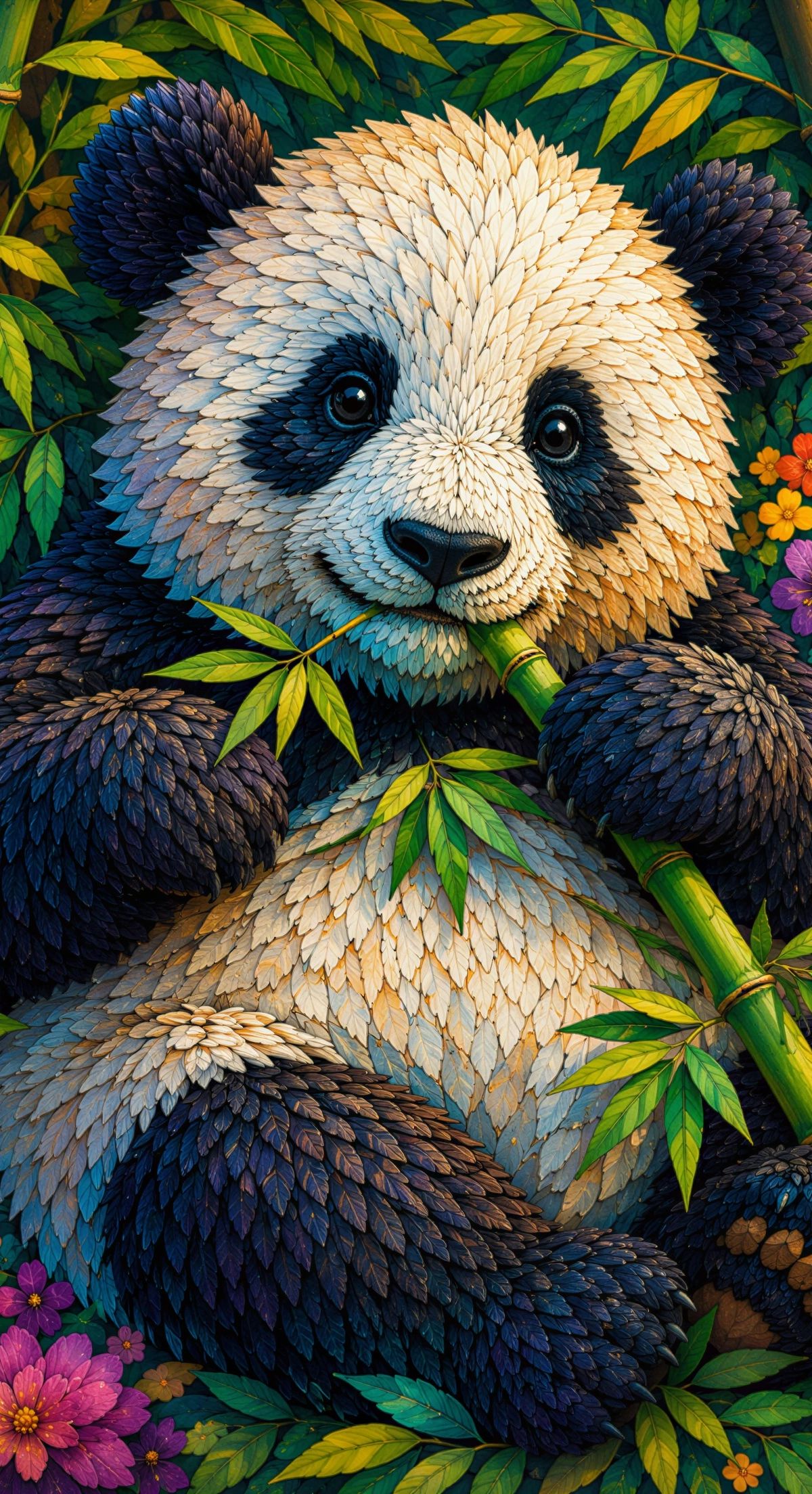 An illustrated giant panda with black and white fur surrounded by green bamboo stalks and vibrant pink, orange, and purple flowers with green foliage