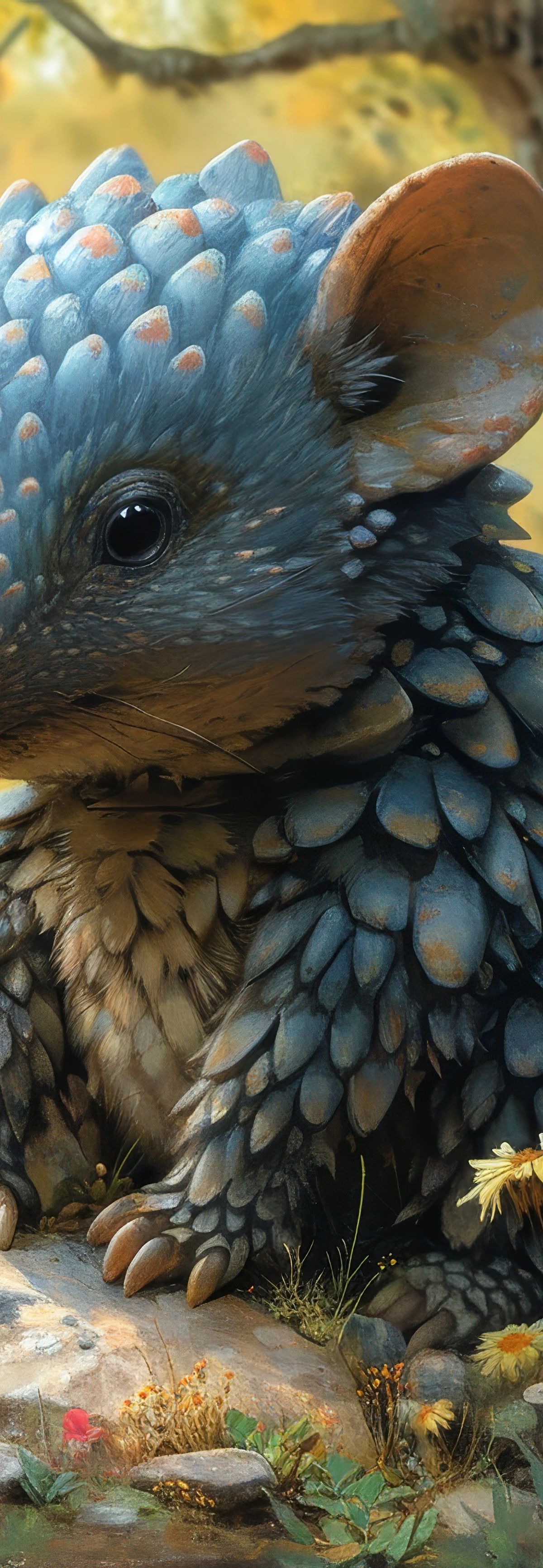 A blue-scaled pangolin with bronze ears surrounded by colorful wildflowers including daisies, red blooms, and purple flowers in a sunlit meadow