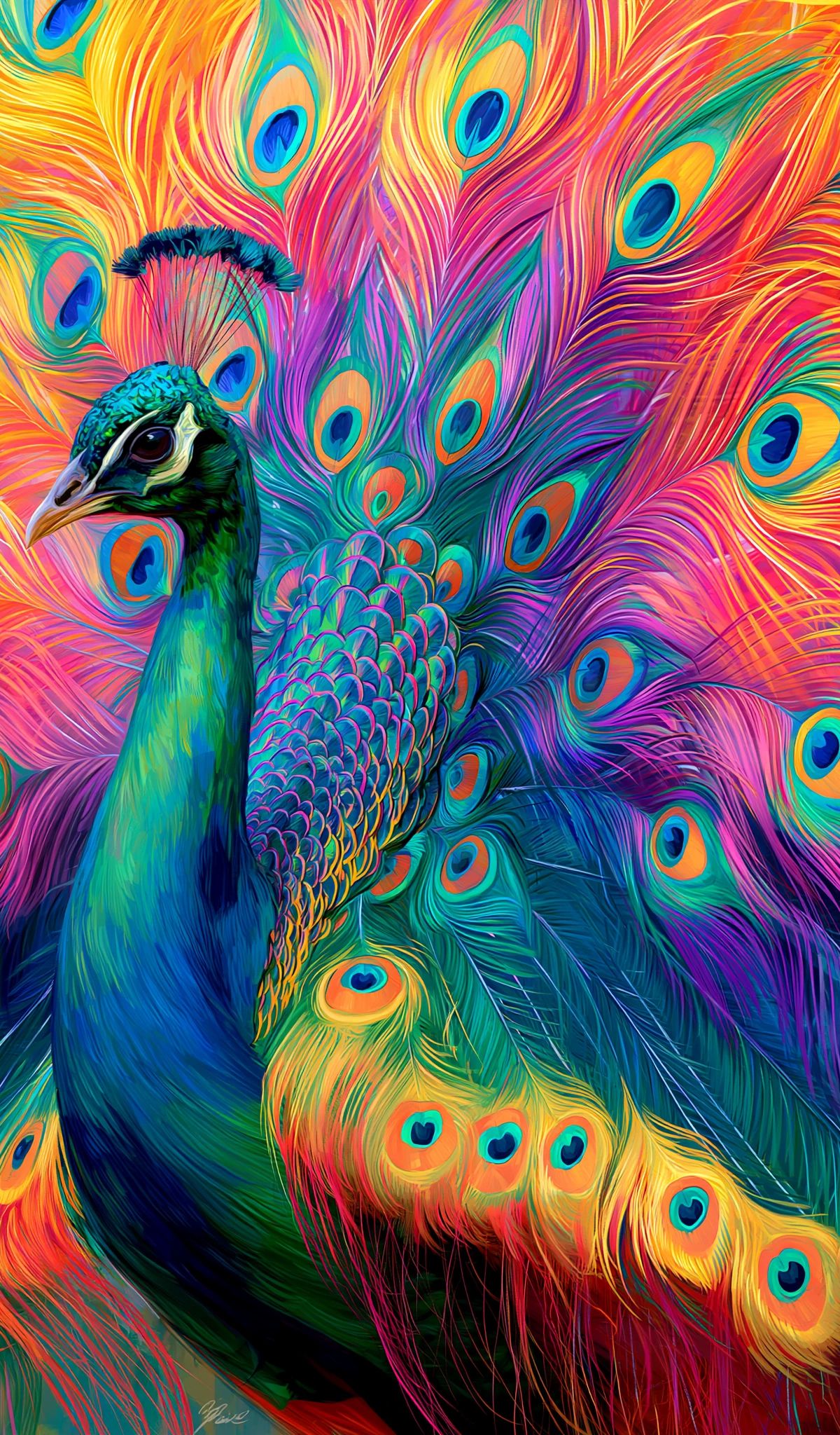 A digitally painted peacock with fully displayed tail feathers in neon blue, green, yellow, and pink tones, featuring numerous iridescent eye-spots throughout