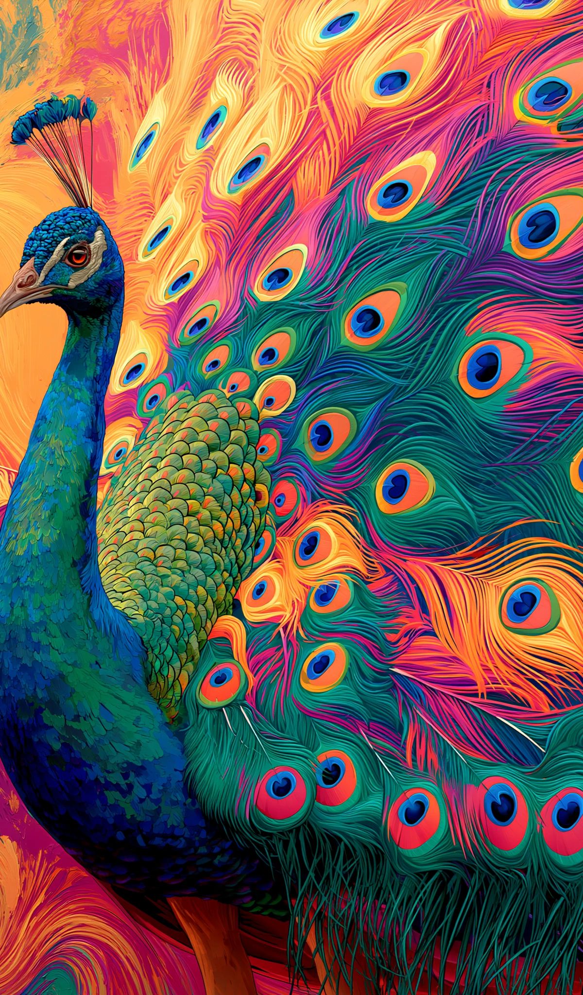 A digitally illustrated peacock with an elaborate fanned tail display featuring vibrant multicolored feathers with prominent eye-spots, rendered in expressive brushstroke style against a swirling colorful background