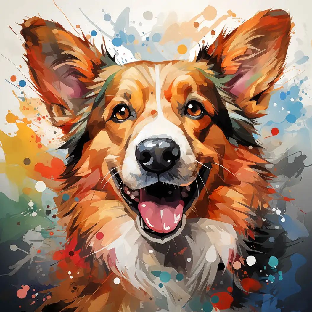 Vibrant portrait of a happy Pembroke Welsh Corgi dog with colorful abstract paint effects.