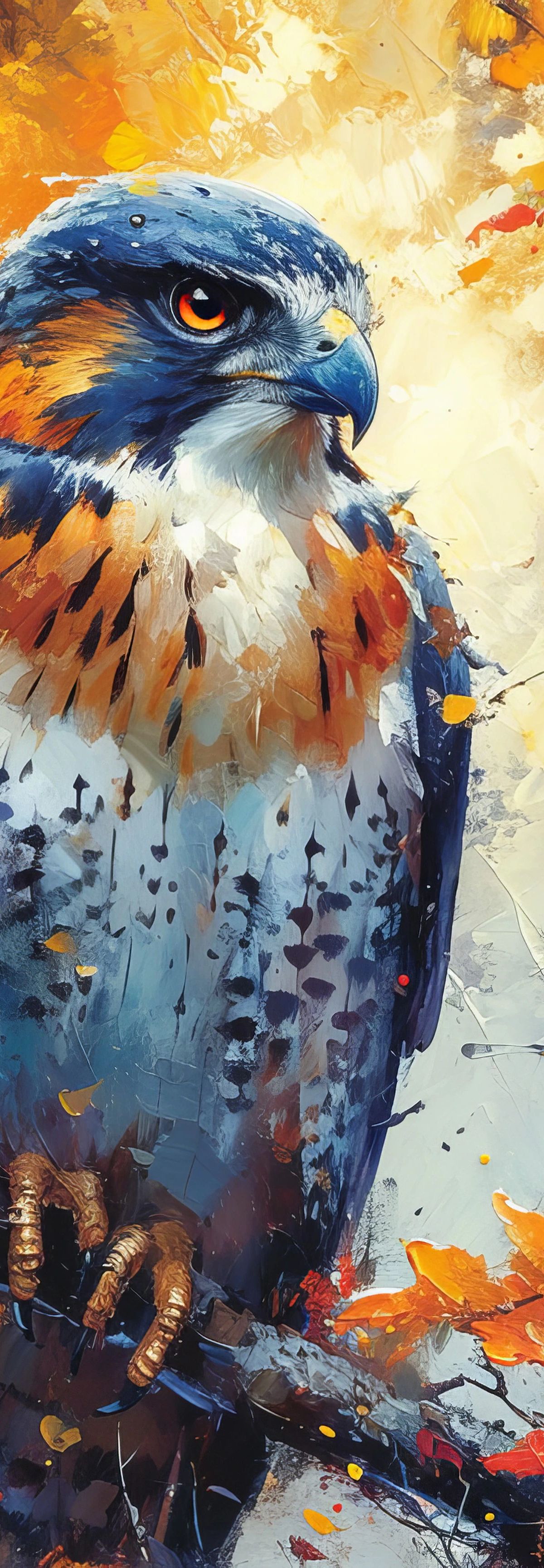 A painted peregrine falcon with orange and blue plumage, perched among swirling autumn leaves in warm and cool tones
