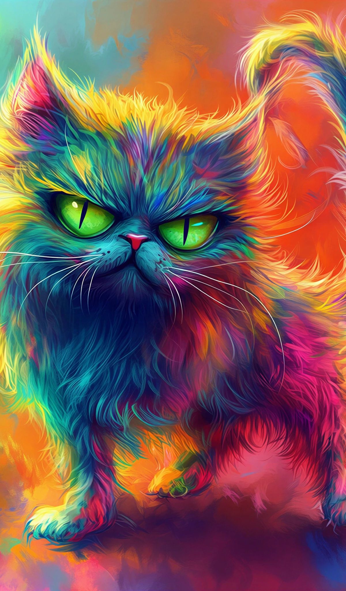 A fluffy Persian cat with striking green eyes surrounded by vibrant, flowing colors including yellow, orange, pink, teal, and purple in a digital art style