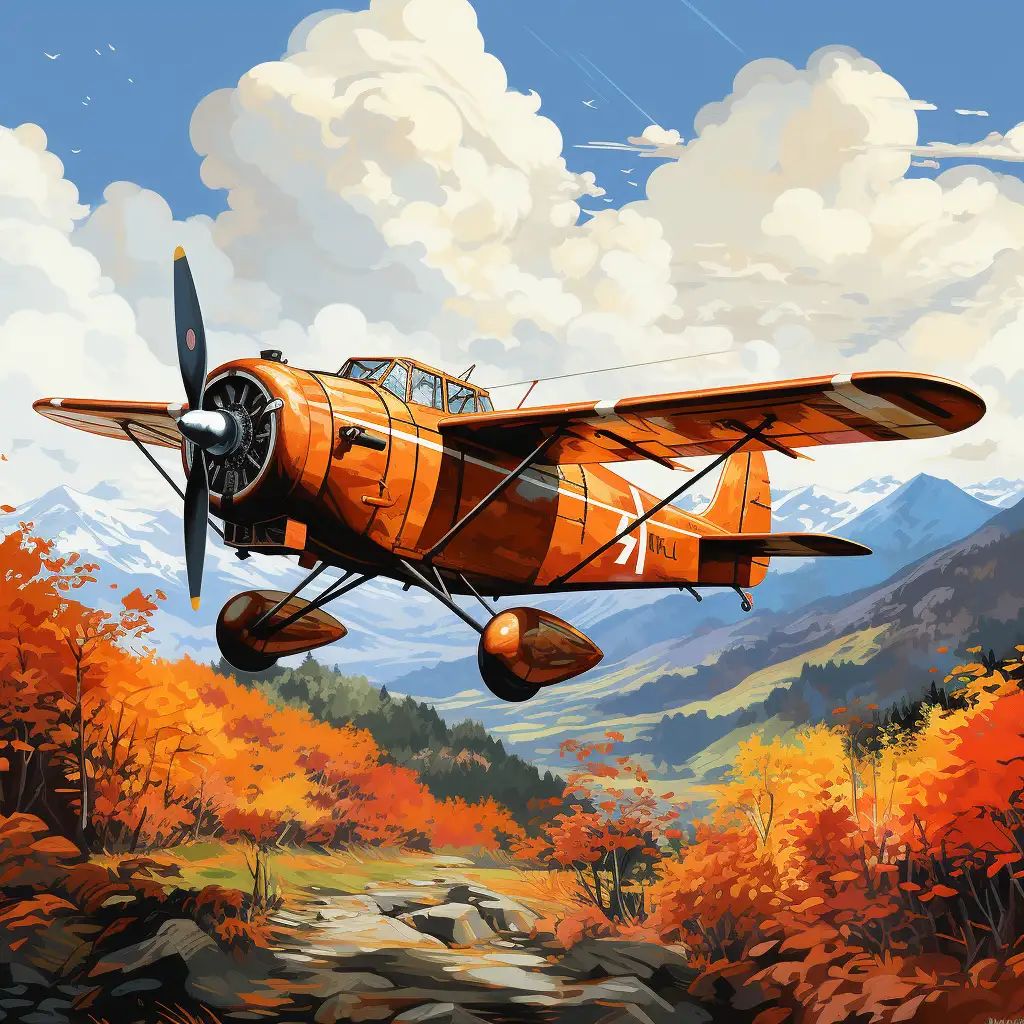 Digital painting of an orange vintage propeller plane flying over autumn trees with snowy mountains and clouds behind it.