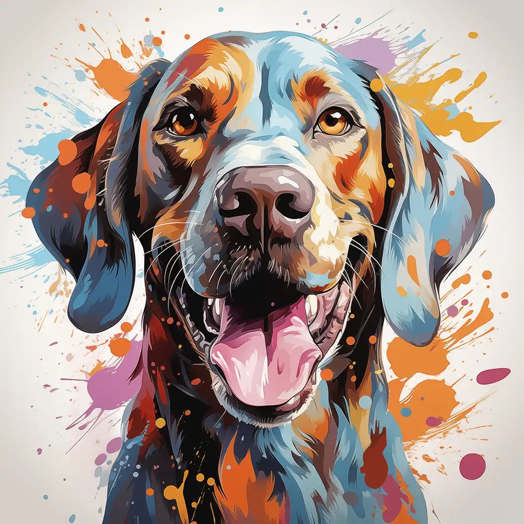 Cheerful colorful portrait of a Pointer dog with expressive eyes and abstract paint splashes.