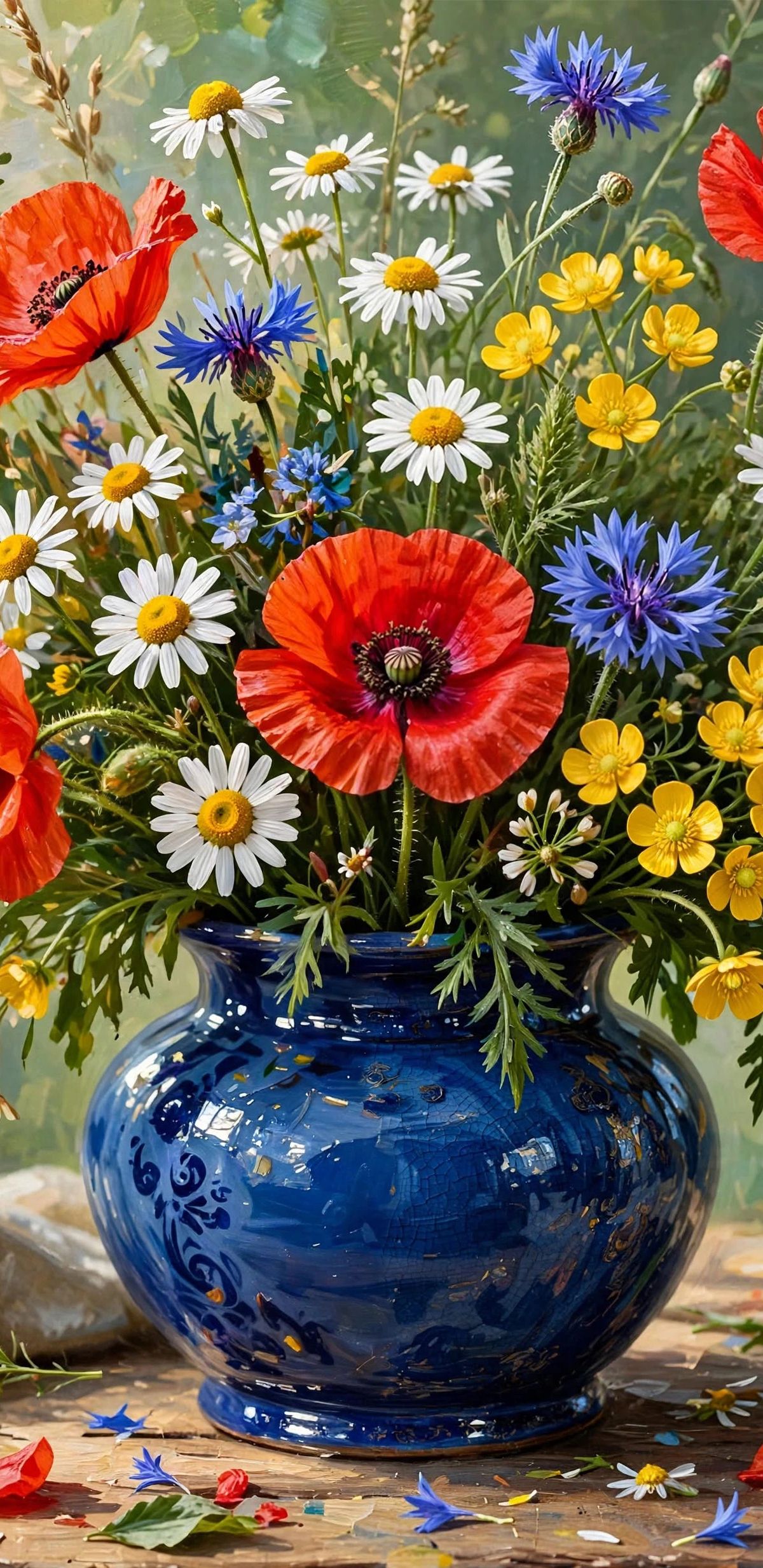 A blue ceramic vase filled with red poppies, white daisies, blue cornflowers, and yellow flowers sits on a wooden table by an open window, with scattered petals and fabric nearby.