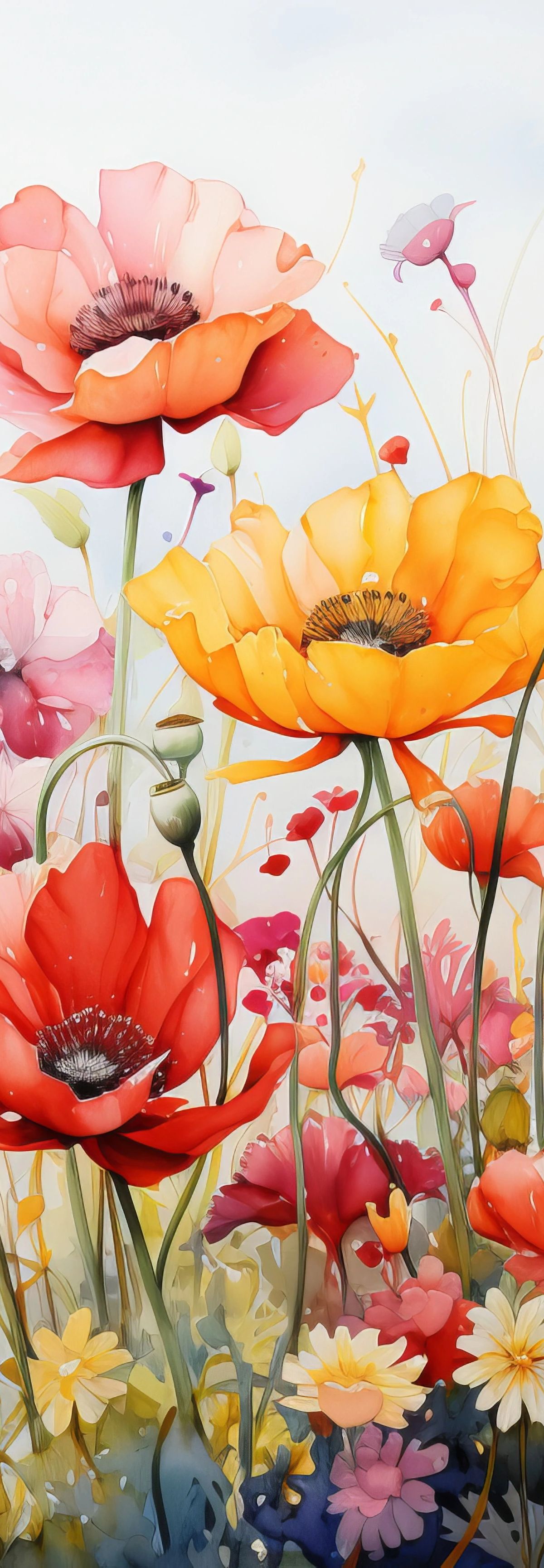Watercolor illustration of a lush garden scene with red, pink, orange, and yellow poppies and wildflowers against a soft blue and white sky