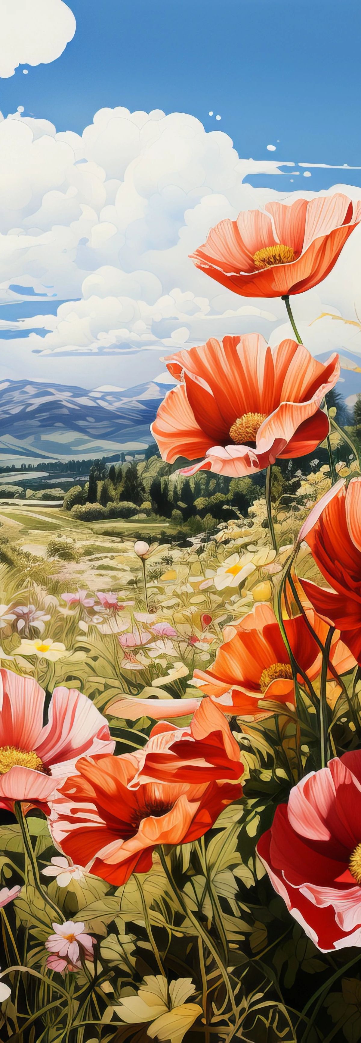 An illustrated landscape showing a wildflower meadow dominated by large red and pink poppies with yellow centers, overlooking a distant valley with forests and mountains under a blue sky with white clouds