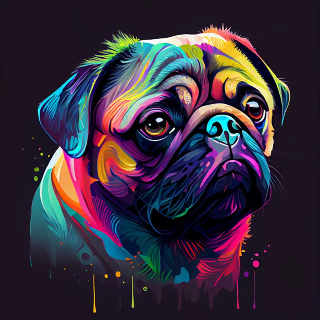 Vibrant vector-style portrait of a pug dog with glowing neon colors and expressive eyes.