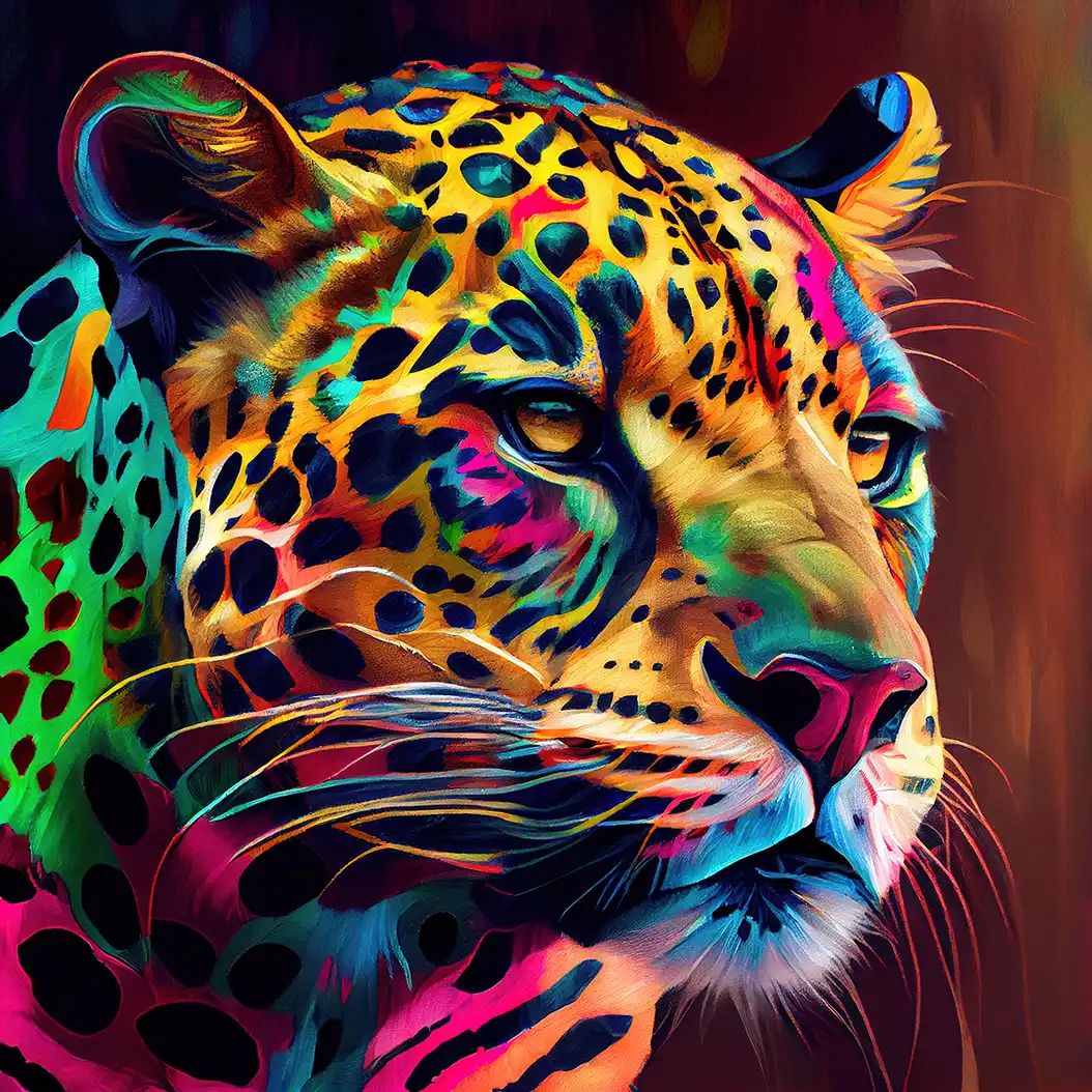 Powerful jaguar portrait with colorful neon fur and dramatic lighting.