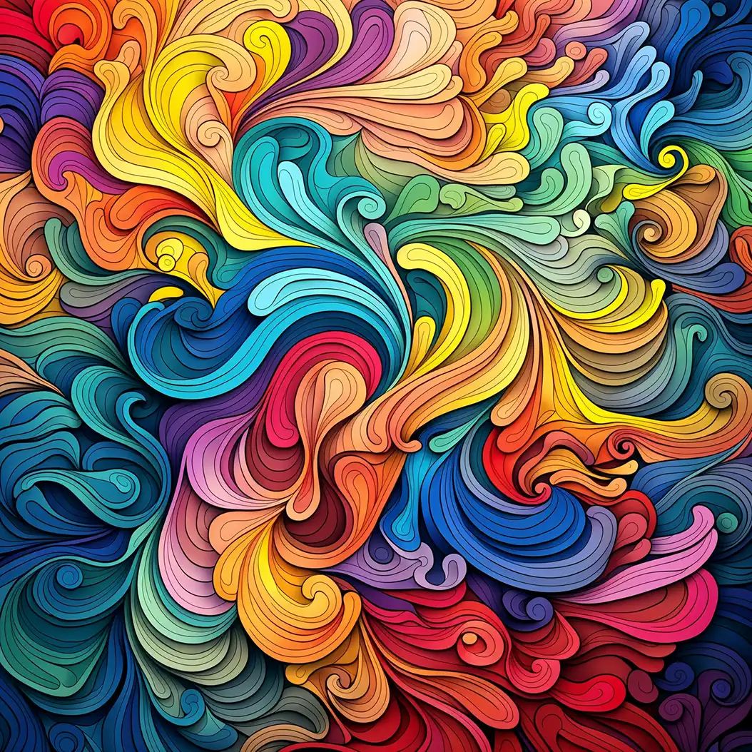 Vibrant psychedelic abstract artwork featuring swirling rainbow-colored waves and intricate curved line patterns.