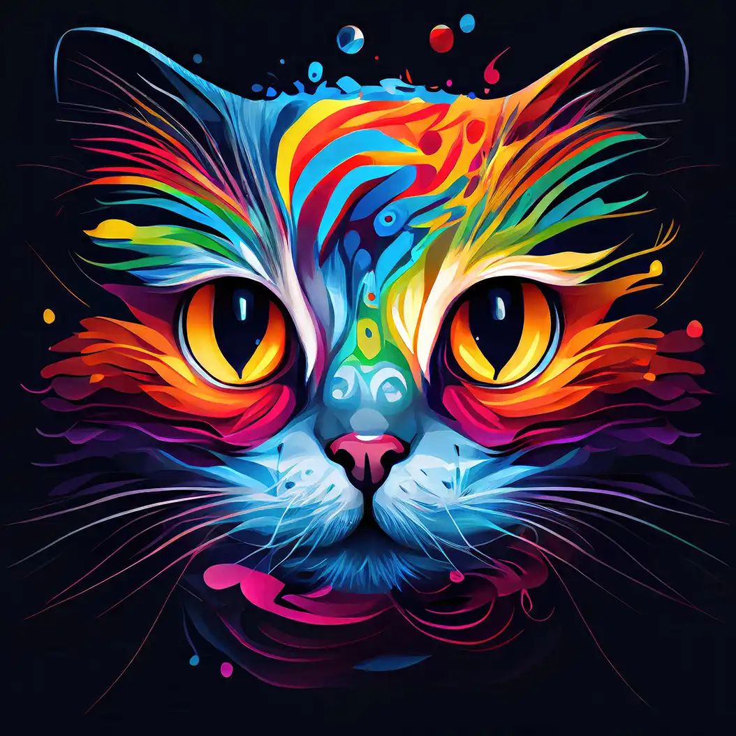 Psychedelic neon cat illustration with glowing rainbow fur and dramatic dark background.