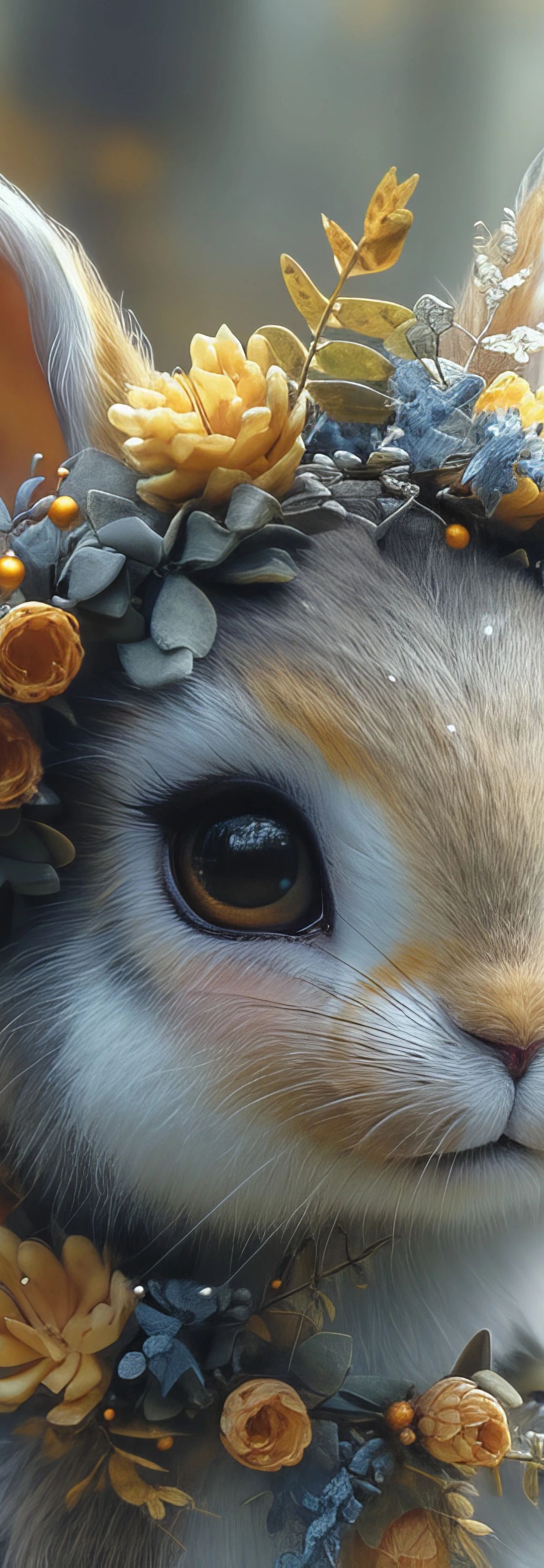 A white and tan rabbit wearing a decorative crown of yellow and blue flowers with green foliage, set against a soft, blurred background of golden blooms