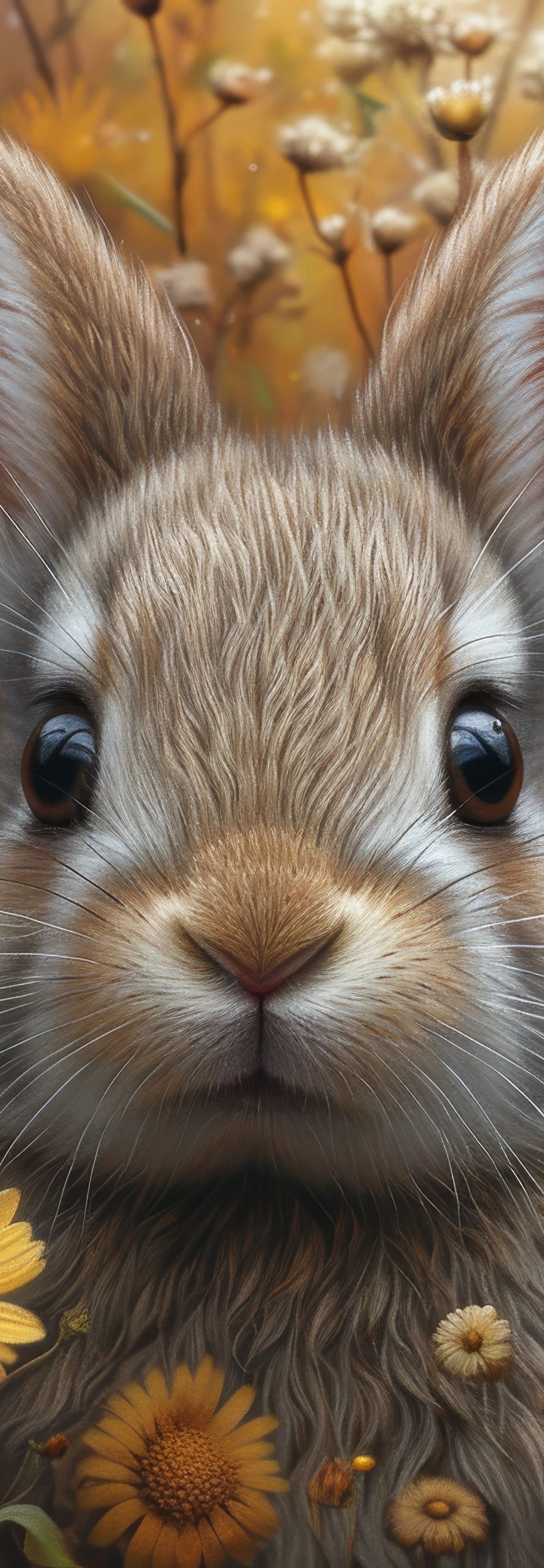 A grey and white rabbit surrounded by yellow daisies and pink wildflowers in a warm, natural setting