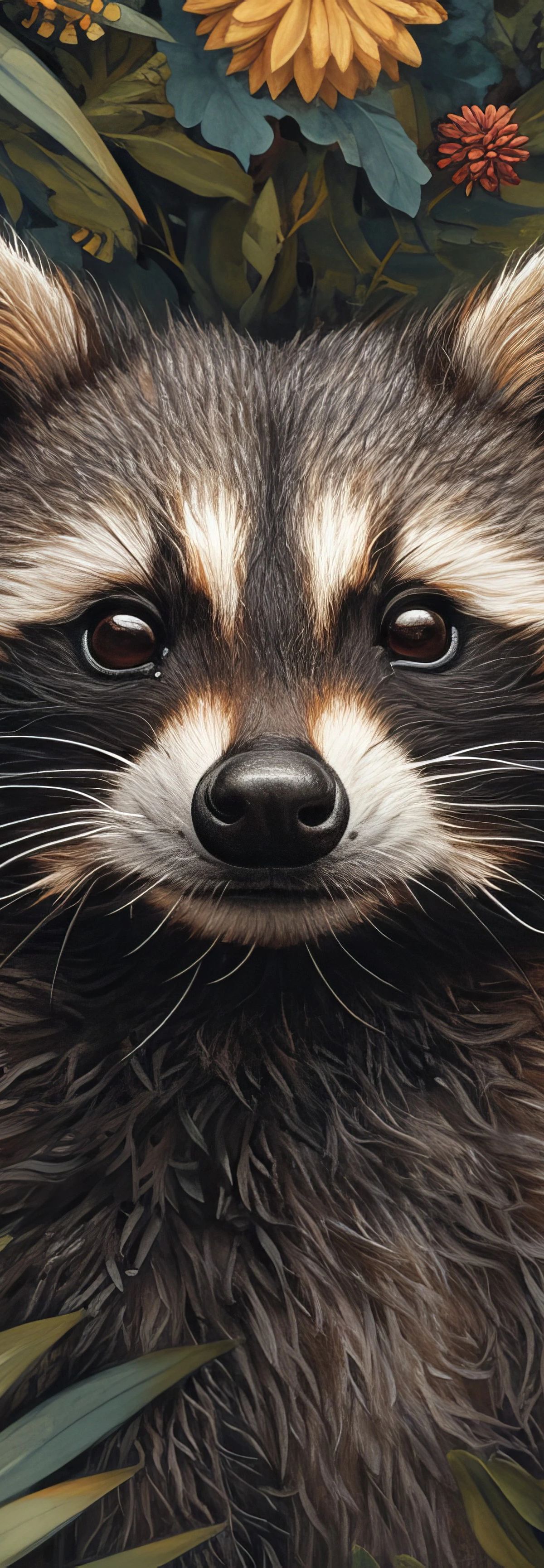 A detailed illustration of a raccoon's face centered among yellow and orange dahlias and red flowers with green leaves on a dark background