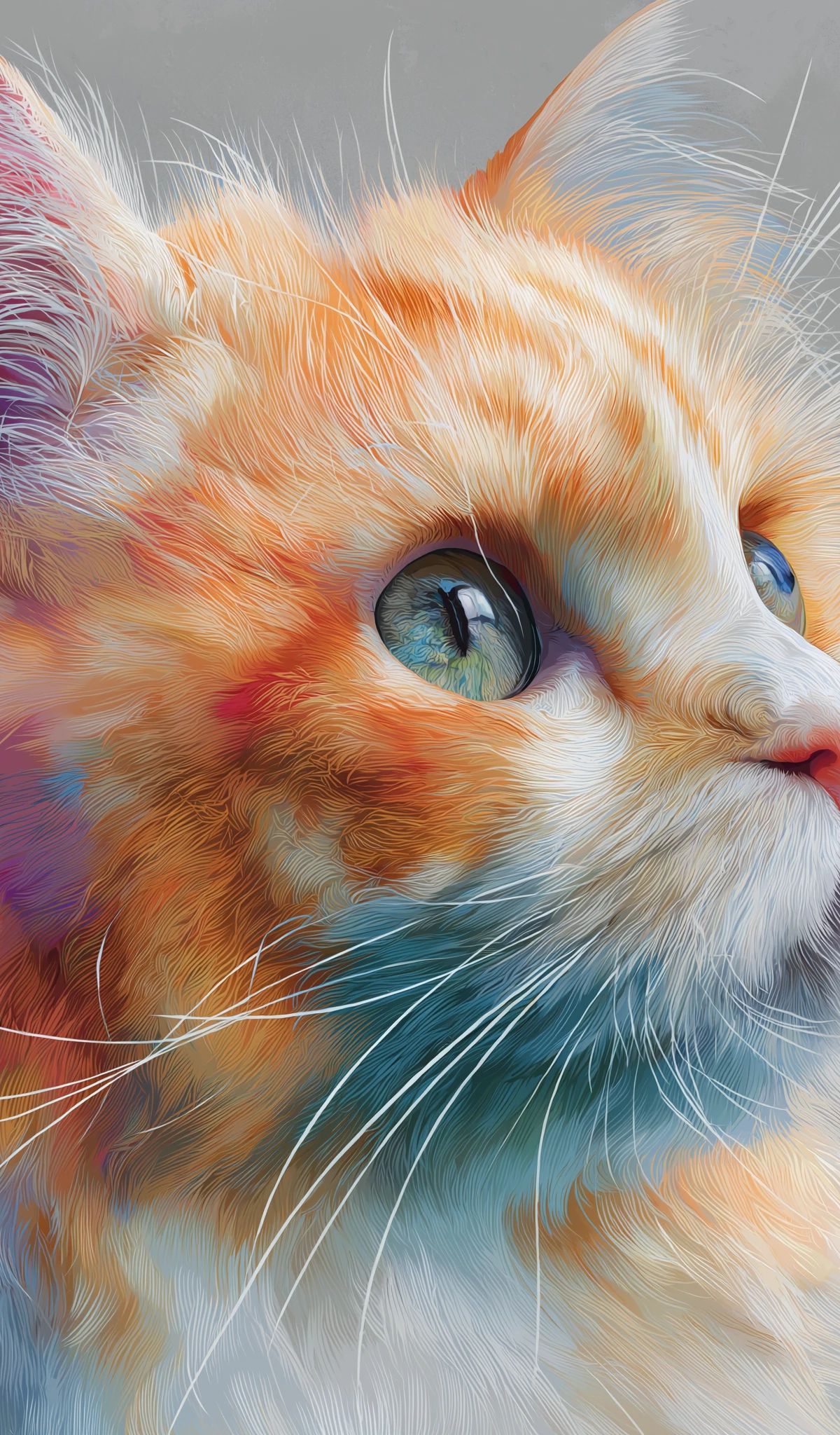 Digital portrait of an orange and white cat with blue eyes, featuring vibrant rainbow-colored brushwork and ethereal artistic styling against a neutral gray background