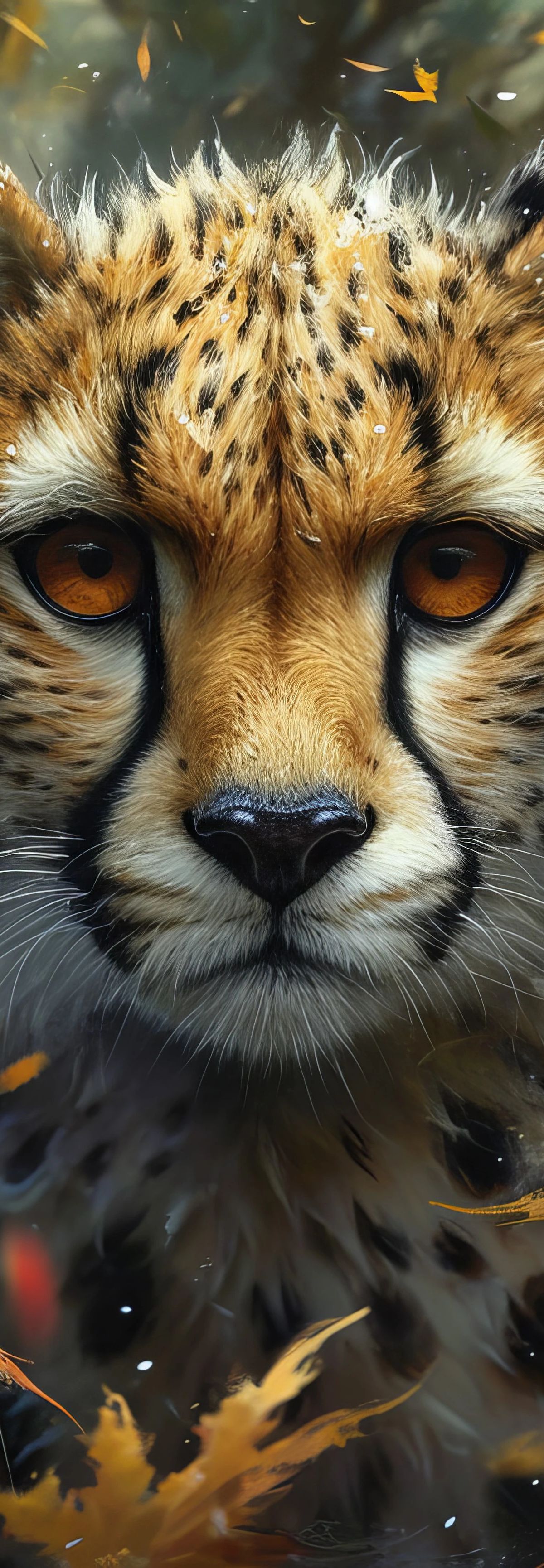 Digital portrait of a cheetah with golden eyes and spotted coat, surrounded by flowing autumn leaves and magical particles in warm golden tones