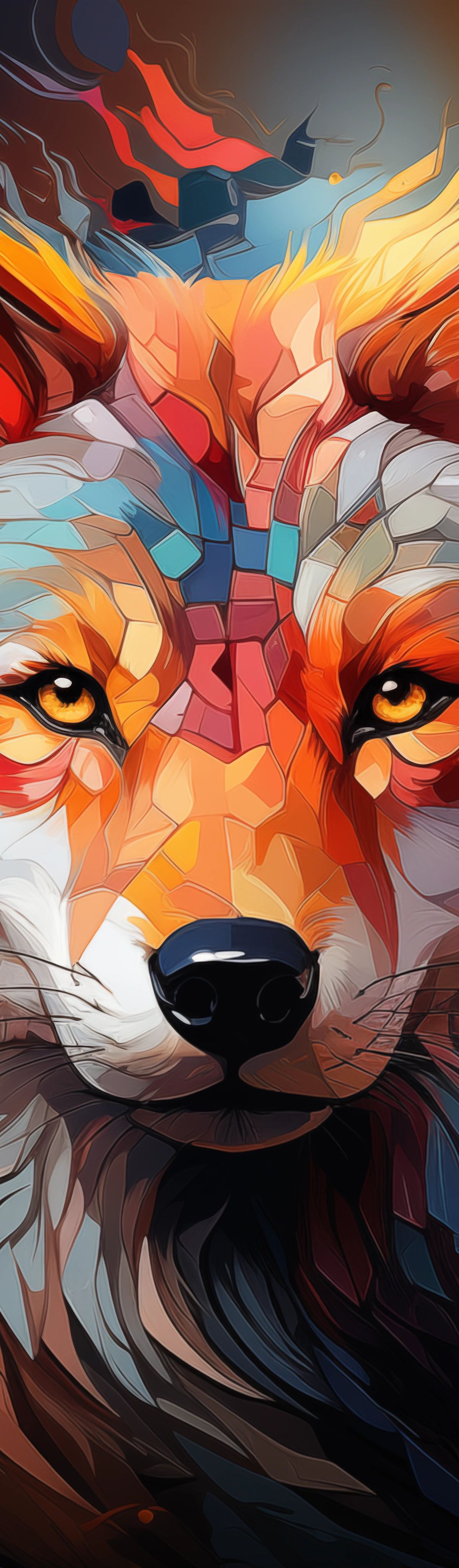 A stylized fox portrait with glowing orange and yellow coloring, golden eyes, and flowing fur surrounded by abstract fire-like swirls and light particles against a dark background
