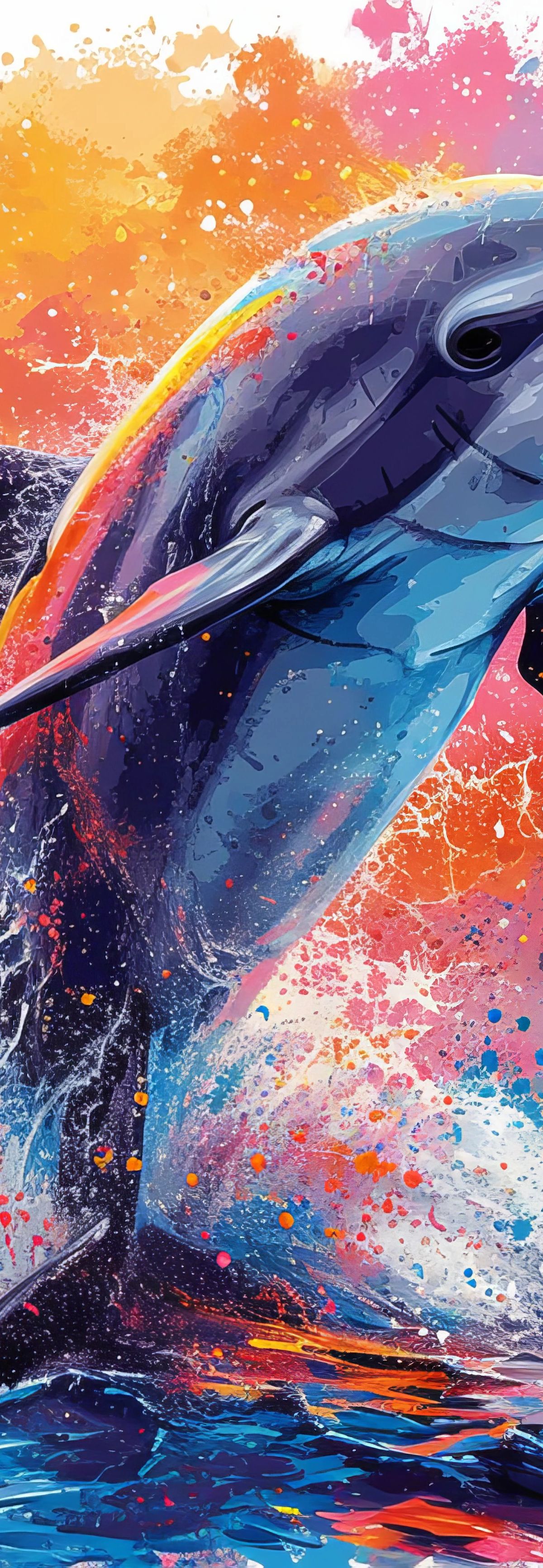 A colorful digital illustration of a dolphin leaping upward, surrounded by vibrant watercolor splashes in shades of orange, pink, blue, and purple against a white background