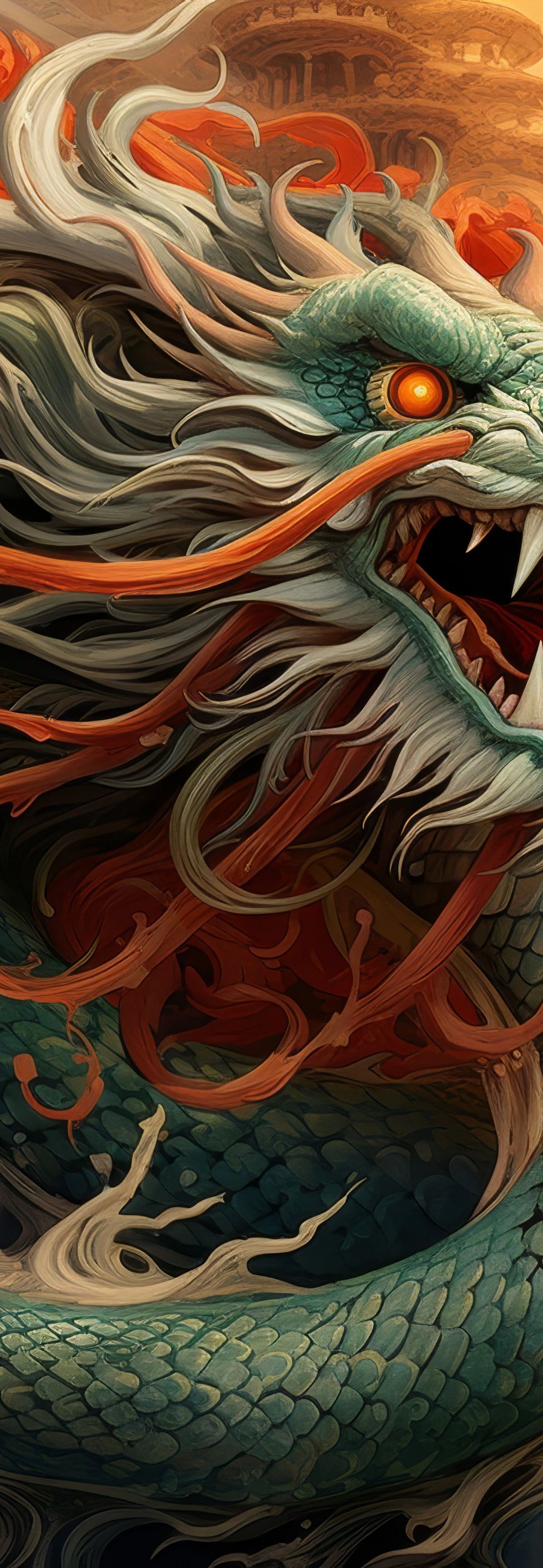 A detailed digital illustration of a jade-green dragon with flowing white and red mane, glowing orange eyes, and ornate scales, surrounded by swirling red clouds and golden architectural elements