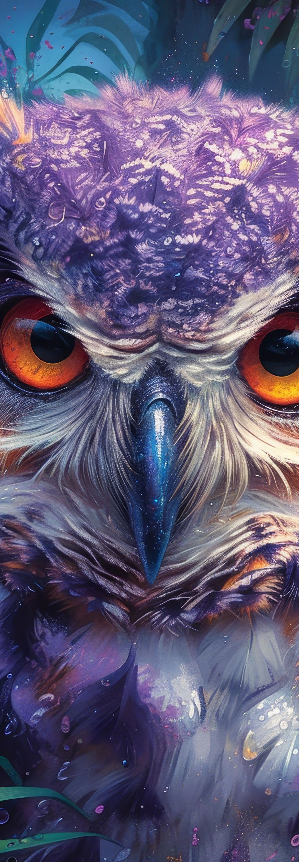 Digital portrait of an eagle owl with glowing orange eyes surrounded by purple and golden plumage, framed by colorful flowers in blue and orange tones