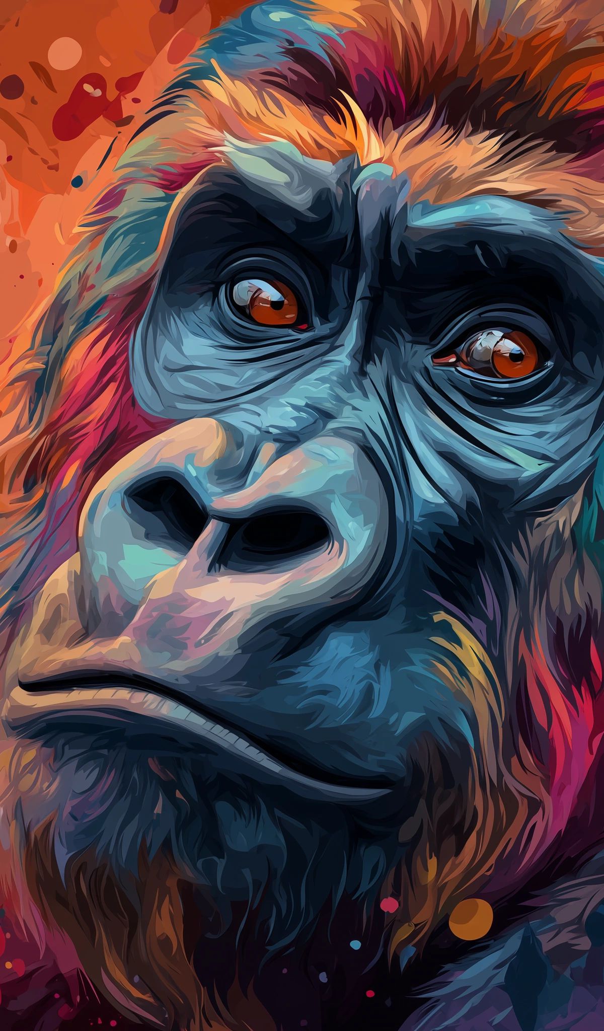 A colorful digital illustration of a Gorilla's face with warm orange and cool blue tones, surrounded by splashes of paint and vibrant bokeh effects
