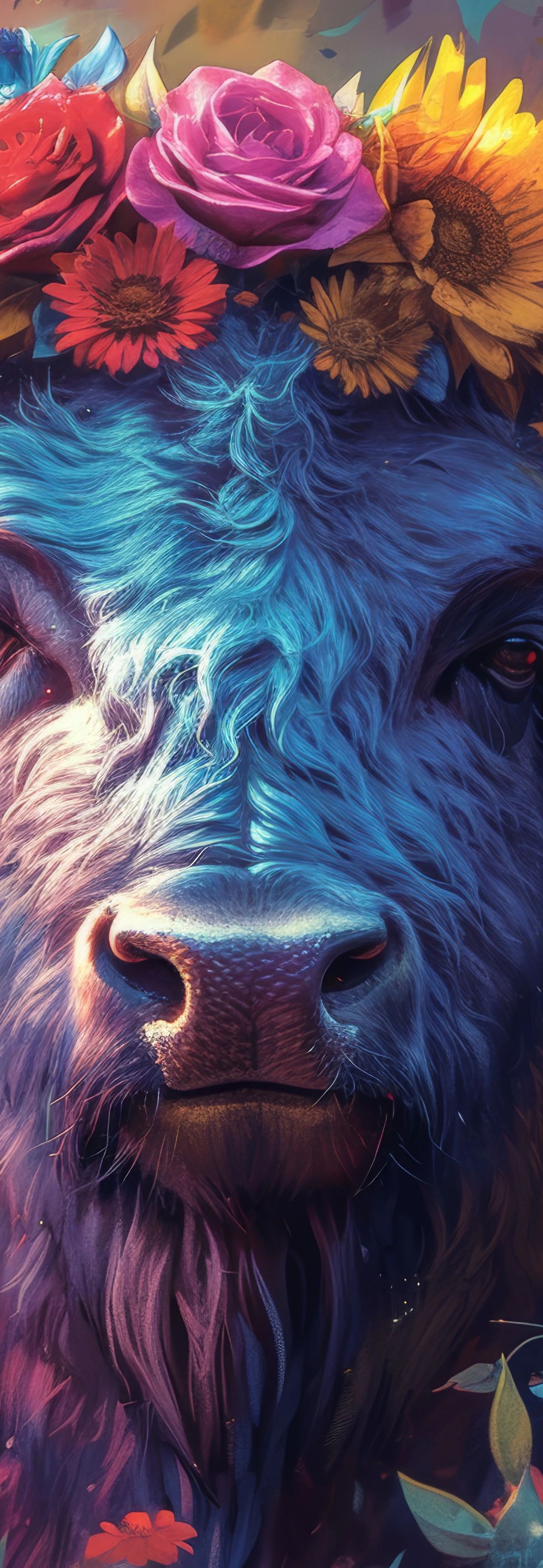 A colorful digital portrait of a Highland bull with curved horns wearing a crown of flowers, surrounded by vibrant blooms in warm and cool tones