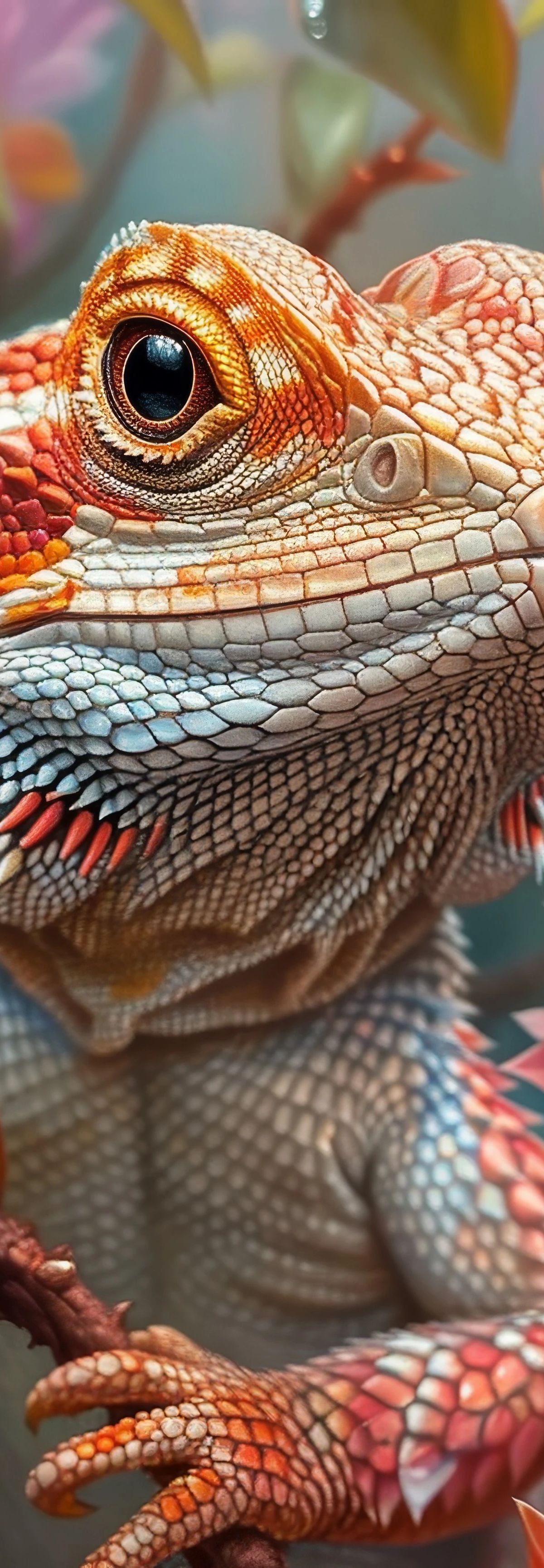 A detailed portrait of an orange and cream-colored iguana surrounded by pink and coral lotus flowers against a misty background