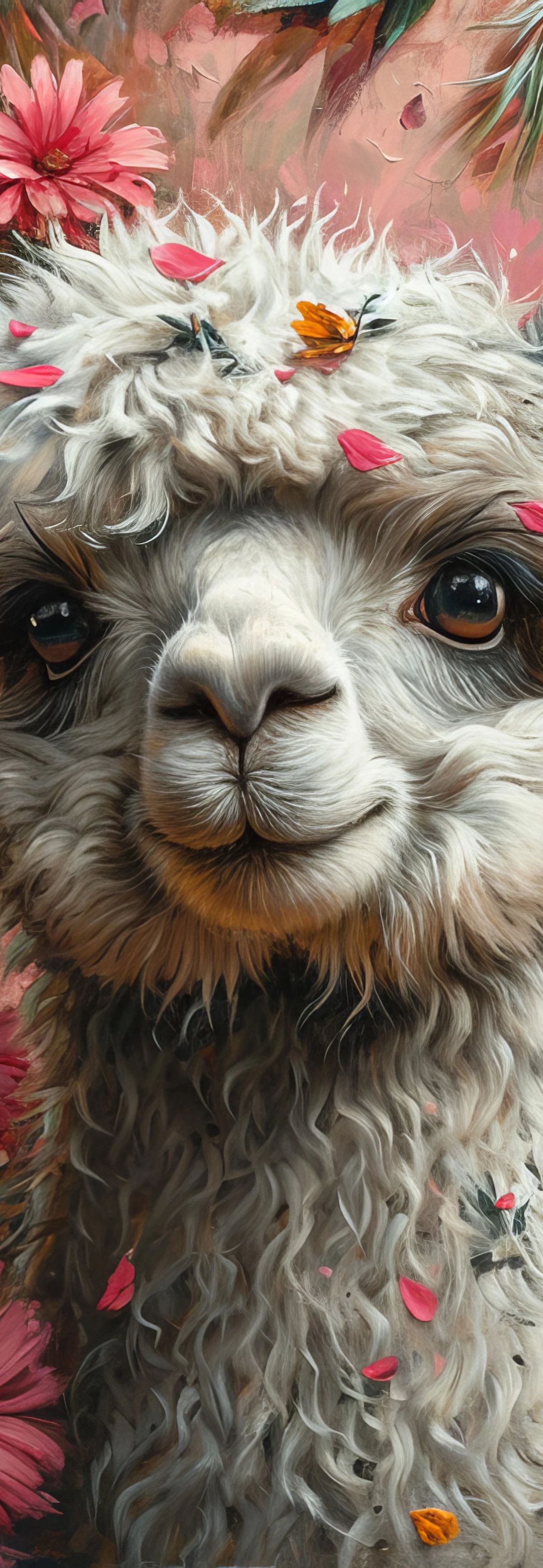 A white and brown fluffy llama with large brown eyes surrounded by pink flowers and green leaves in an artistic painting style