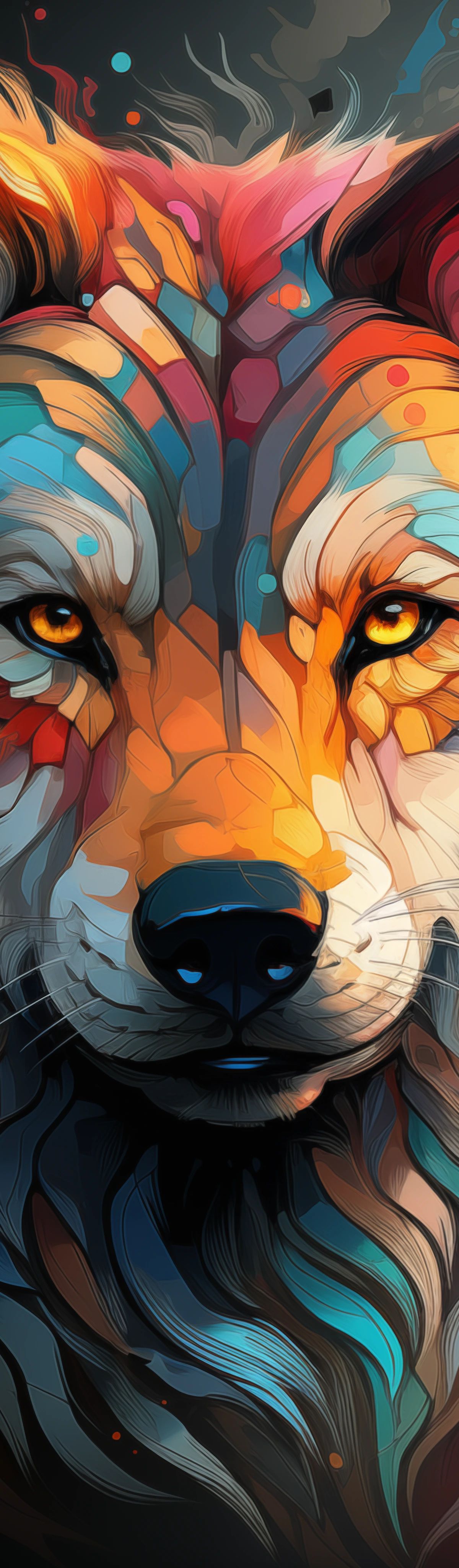 A colorful digital portrait of a wolf's face with vibrant orange, red, blue, and teal flowing through its fur and features, set against a dark background with glowing particles.